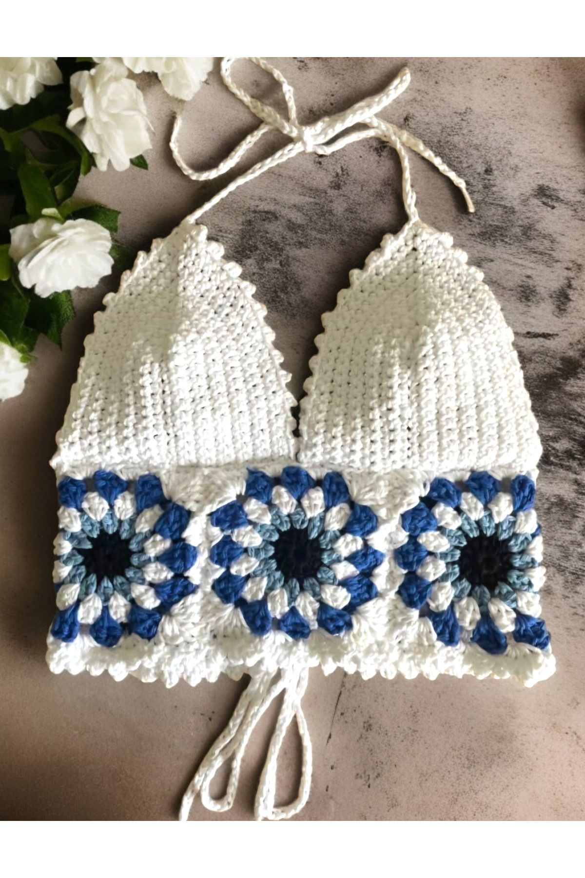 ThreadArtByNur Nazar Boncuk Motifli El Örügüsü Büstiyer Crop Yaz Modası