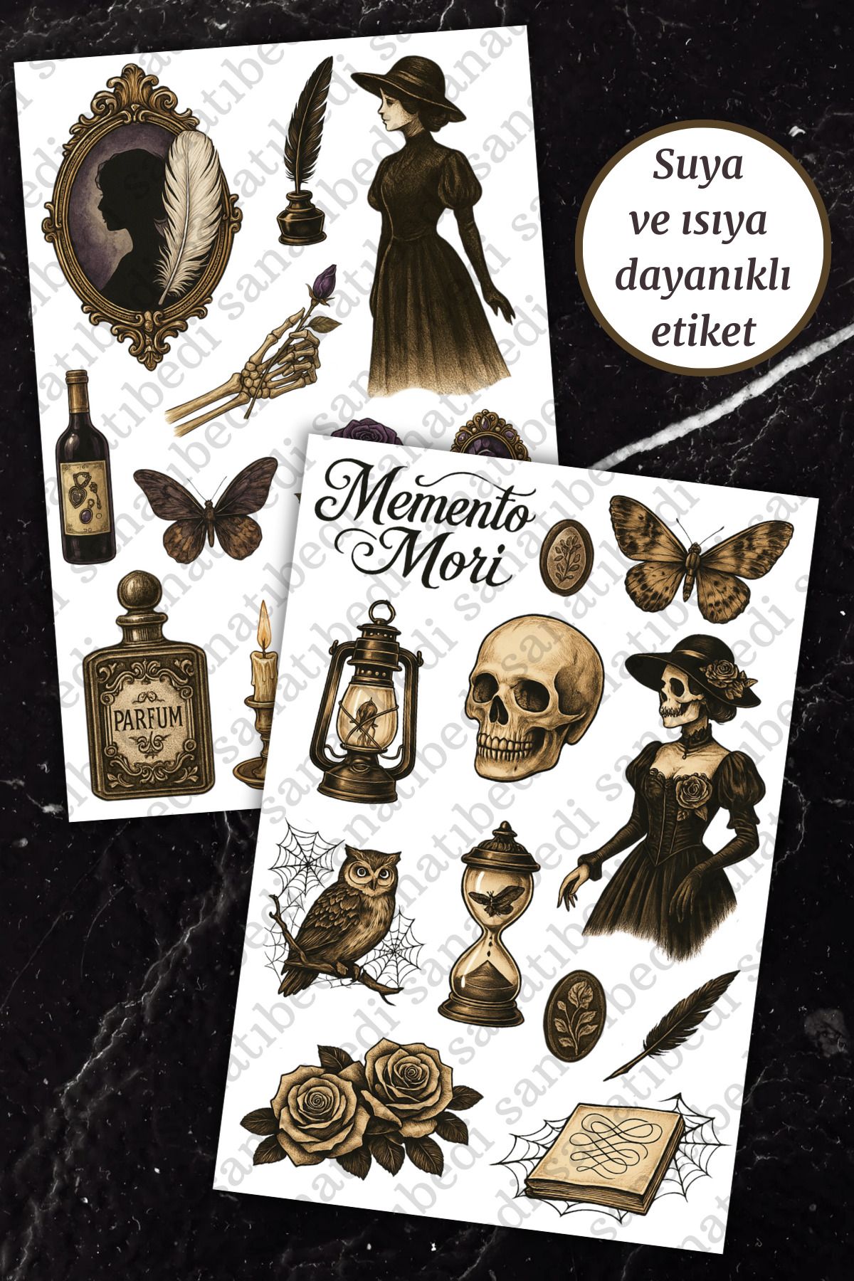 sanatıbedi 2 Sayfa Kurukafa Vintage Temalı Gotik Sticker - Motor Kask Laptop Telefon Tablet Ajanda Etiketi