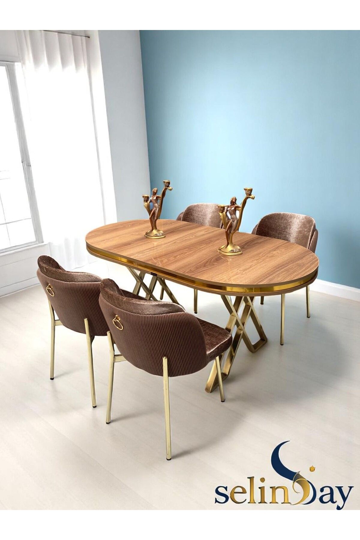 Selin Ay Desıgn 4 Kişilik Elysia Gold Line Ceviz Masa Takımı BabyFace Kumaş MDF Lak Panel Masa