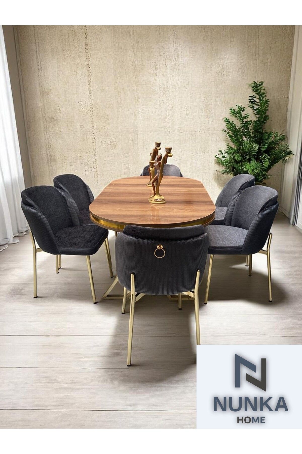 NUNKA HOME 6 Kişilik Arya Gold Line BabyFace Kumaş Mdf Lak Panel Ceviz Masa Takımı Modern Ve Şık