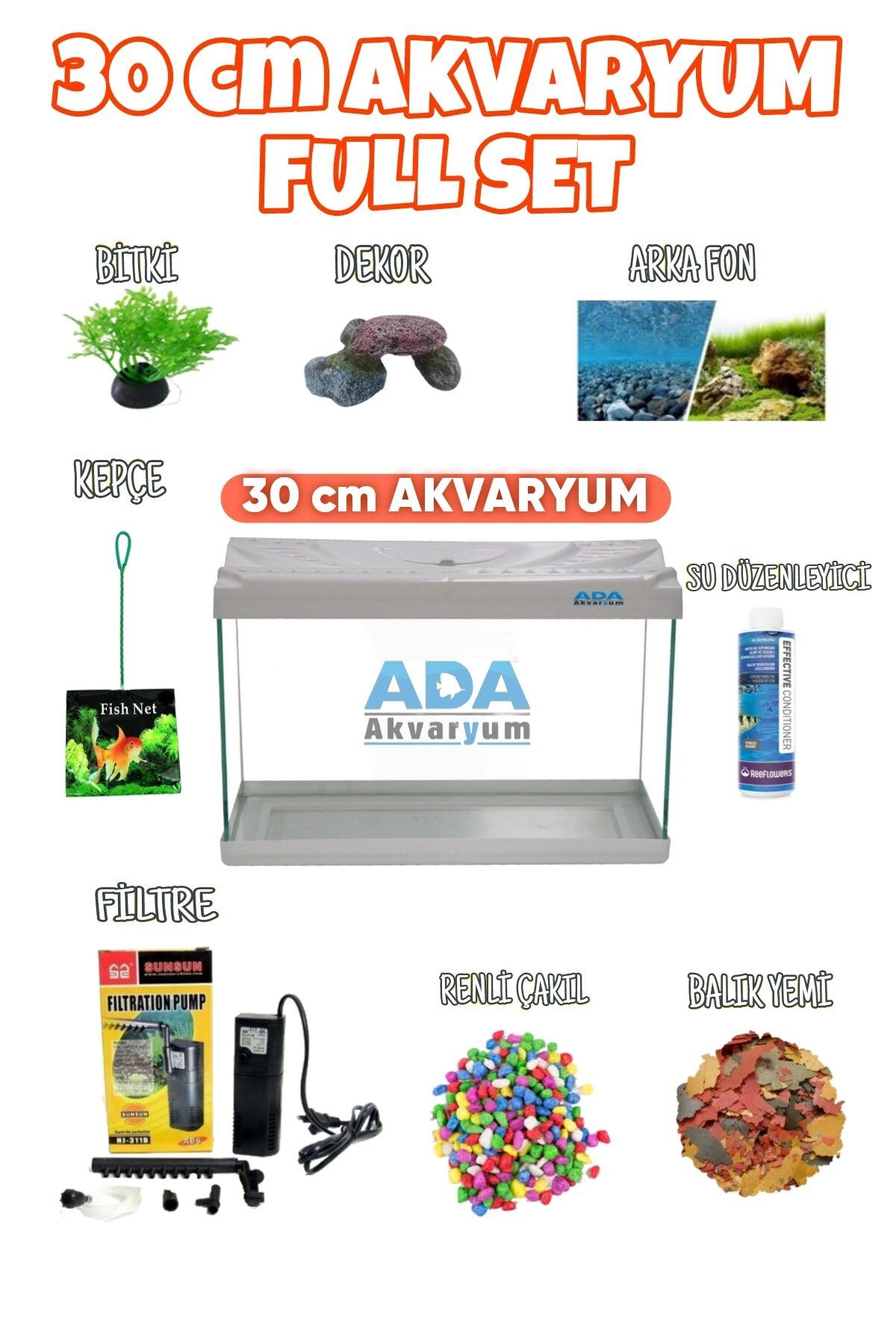 ADA AKVARYUM Full Akvaryum Seti Beyaz Renk 30x23x15 Cm 9 Parça