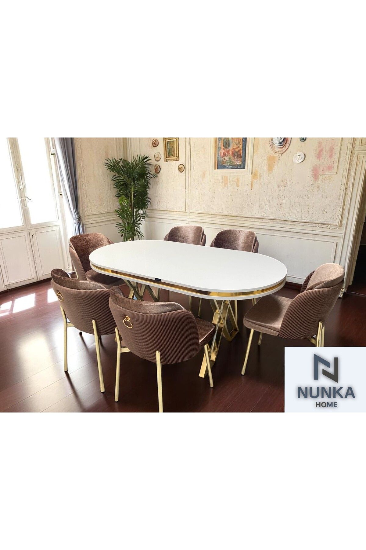 NUNKA HOME 6 Kişilik Arya Gold Line BabyFace Kumaş Mdf Lak Panel Beyaz Masa Takımı Modern Ve Şık