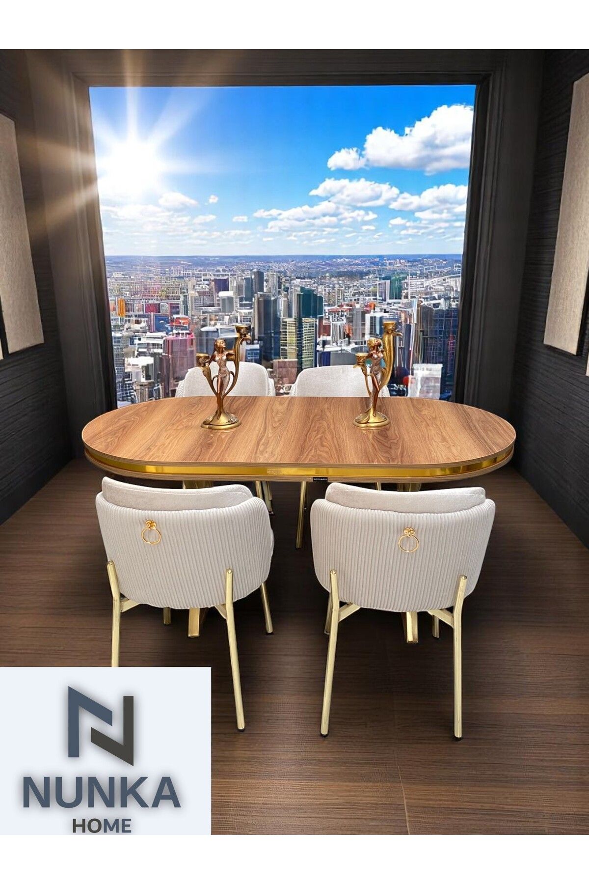 NUNKA HOME 4 Kişilik Arya Gold Line BabyFace Kumaş Mdf Lak Panel Ceviz Masa Takımı Modern Ve Şık