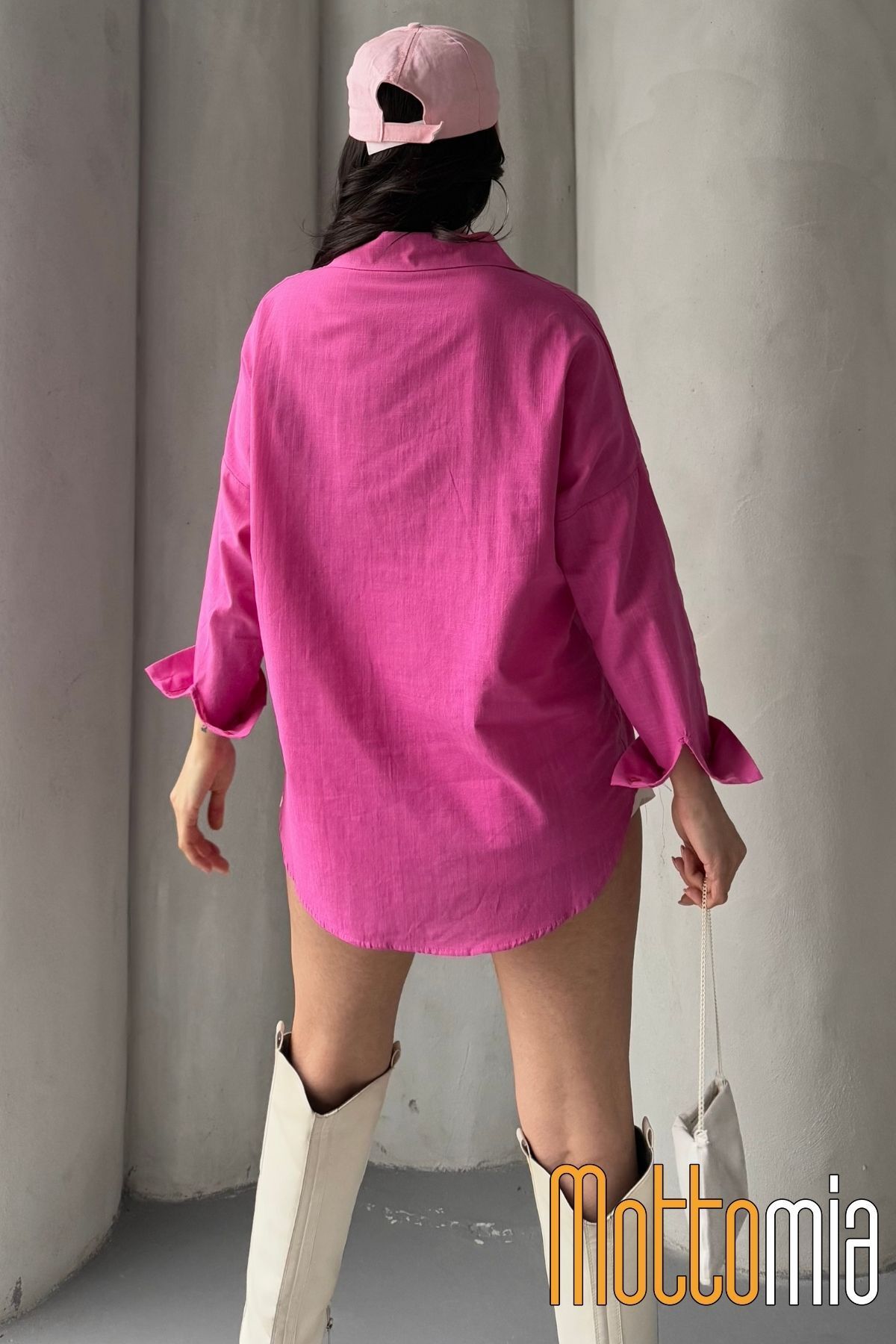mottomia Kadın Oversize Flamlı Keten Gömlek – Yazlık, Tek Cepli, Rahat ve Şık Tasarım