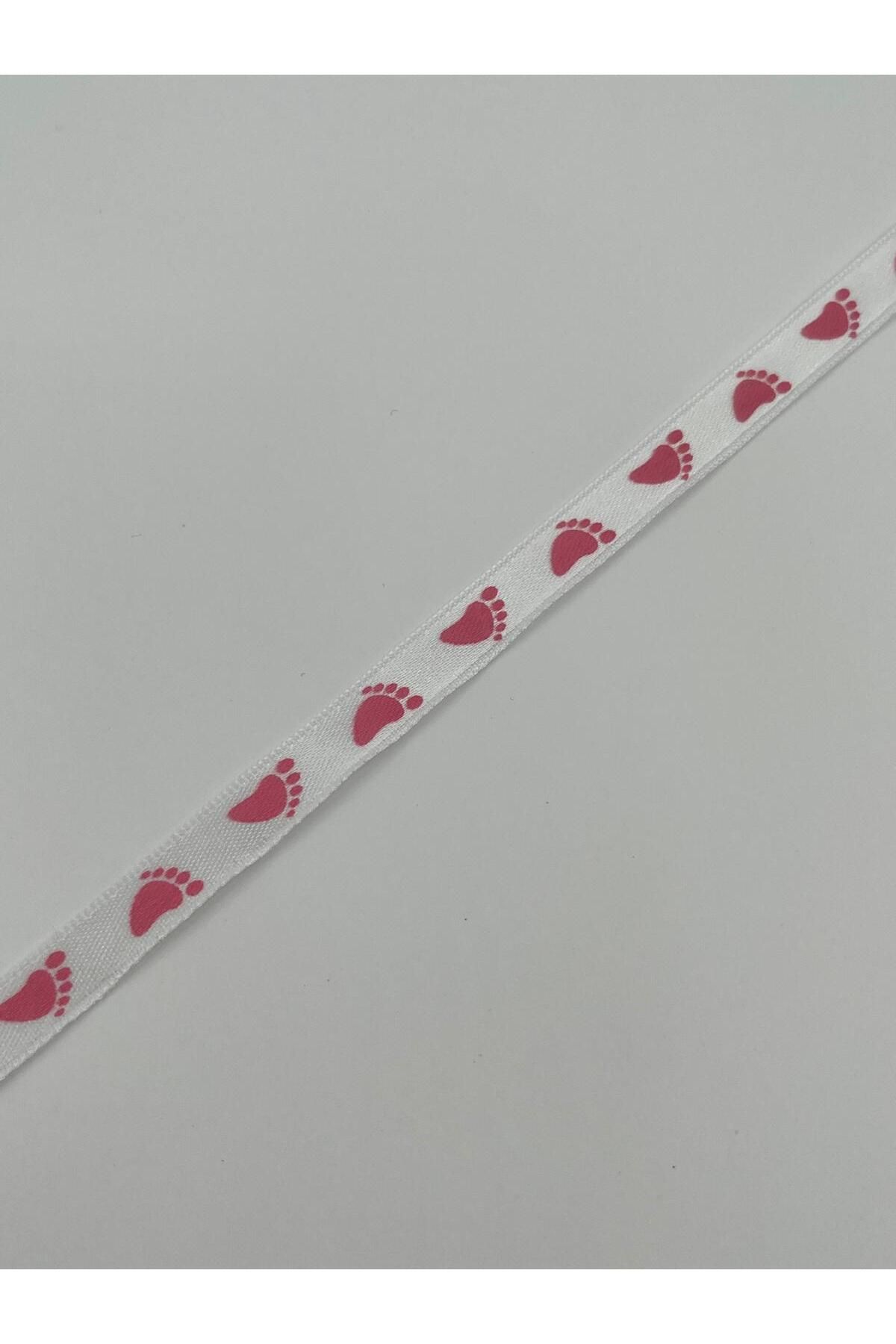 EvremStore Pembe Ayak İzi Baskılı Süsleme Kurdelesi Tek Taraflı 1 cm 10 Metre