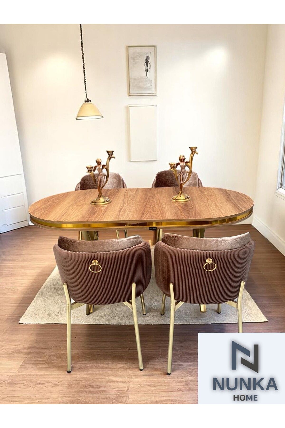 NUNKA HOME 4 Kişilik Arya Gold Line BabyFace Kumaş Mdf Lak Panel Ceviz Masa Takımı Modern Ve Şık