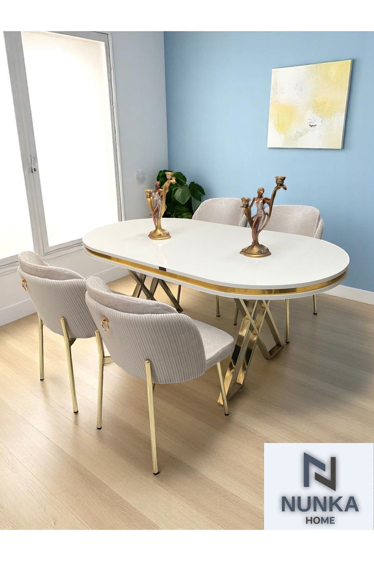 NUNKA HOME 4 Kişilik Arya Gold Line BabyFace Kumaş Mdf Lak Panel Beyaz Masa Takımı Modern Ve Şık