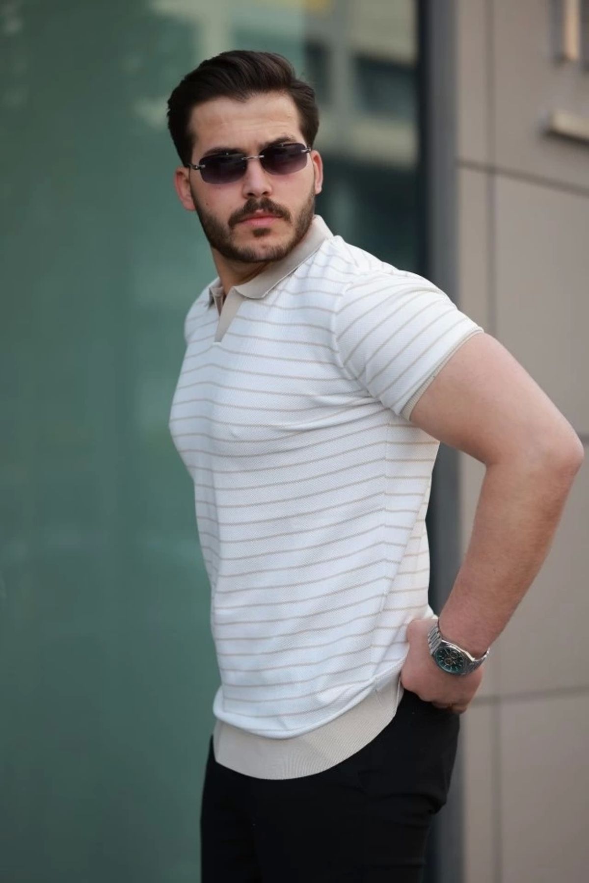 Kaplan Erkek Kısa Kollu çizgi Desenli örme Kumaş Tshirt