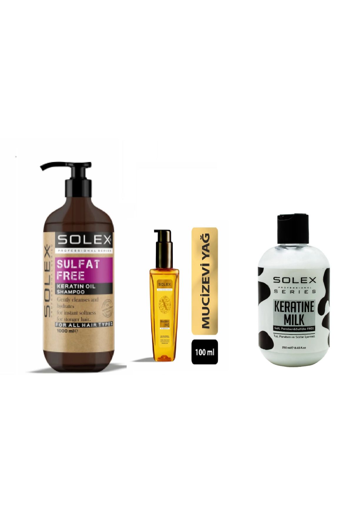 Solex Keratin Saç Bakım Seti Sülfatsız Şampuan 1.000 Ml+ Mucizevi Serum 100 ml+ 250 ML Bakım Sütü