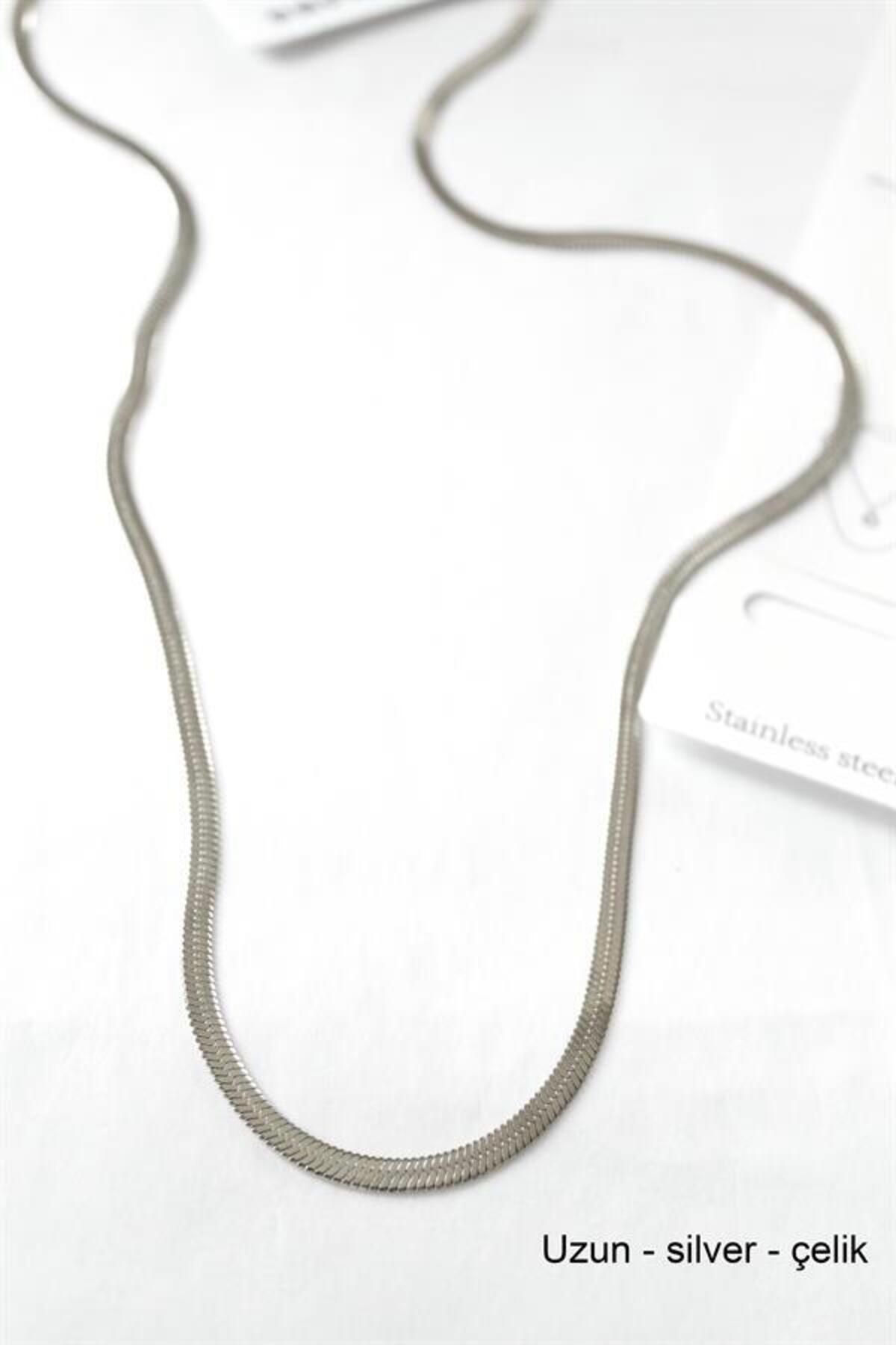 MR RZN STORE Uzun İtalyan Çelik Kolye-60cm - Gümüş