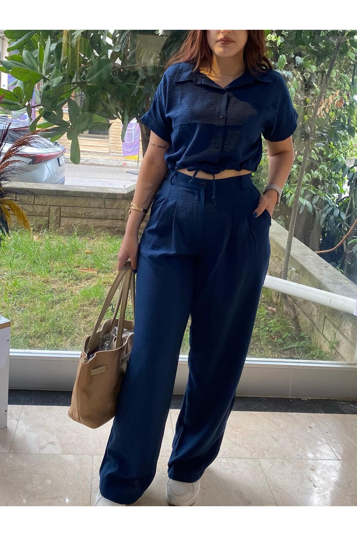 BircanButik Keten Crop Gömlek Palazzon Pantolon Takım