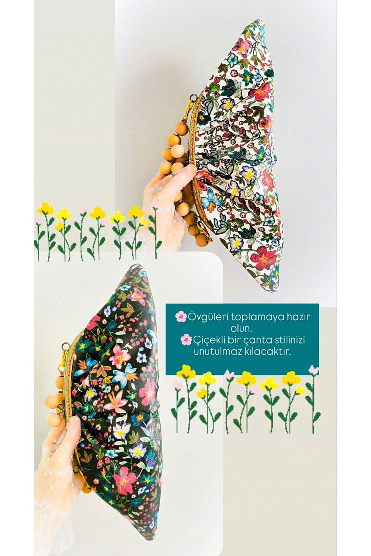BagsDecor Abiye Beyaz siyah çiçekli el omuz Çantası Bohça Burslu Klipsli Klatch