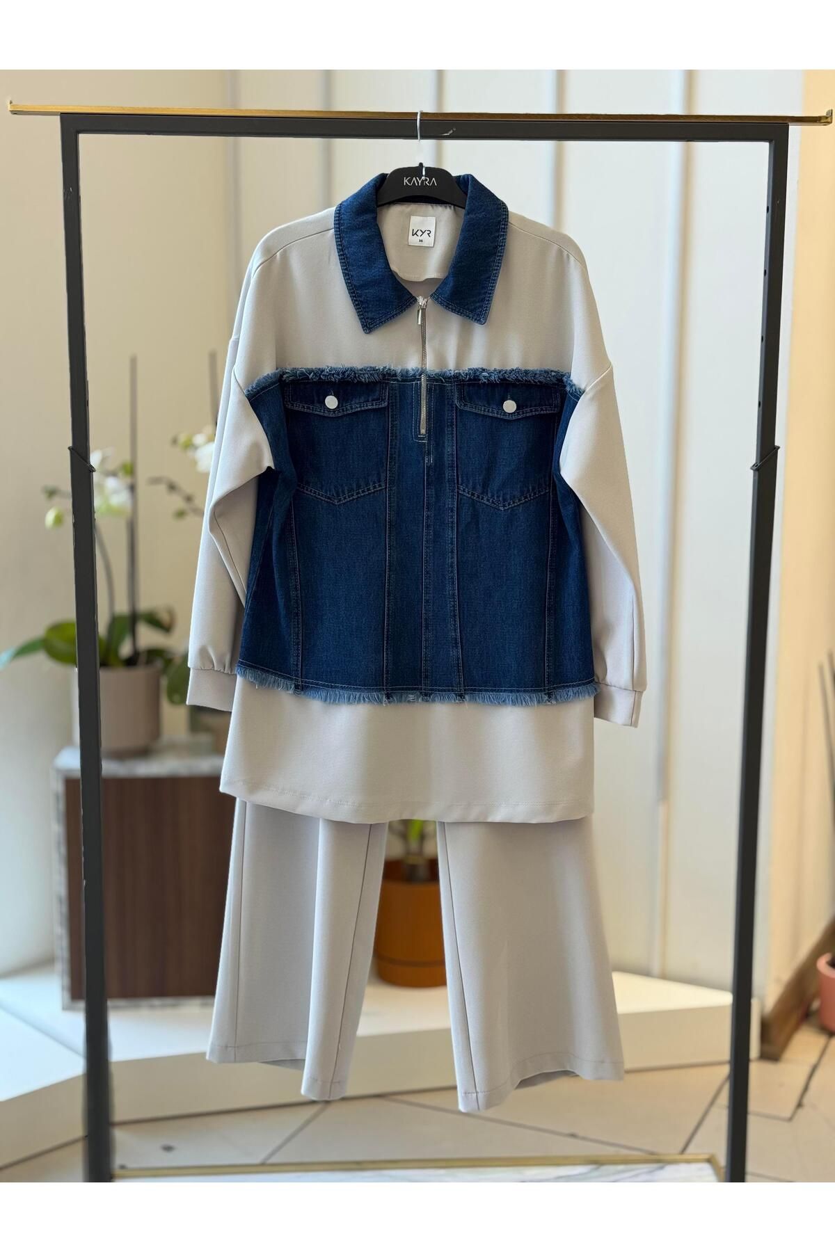 Kayra Denim Detaylı Gri İkili Takım 76018