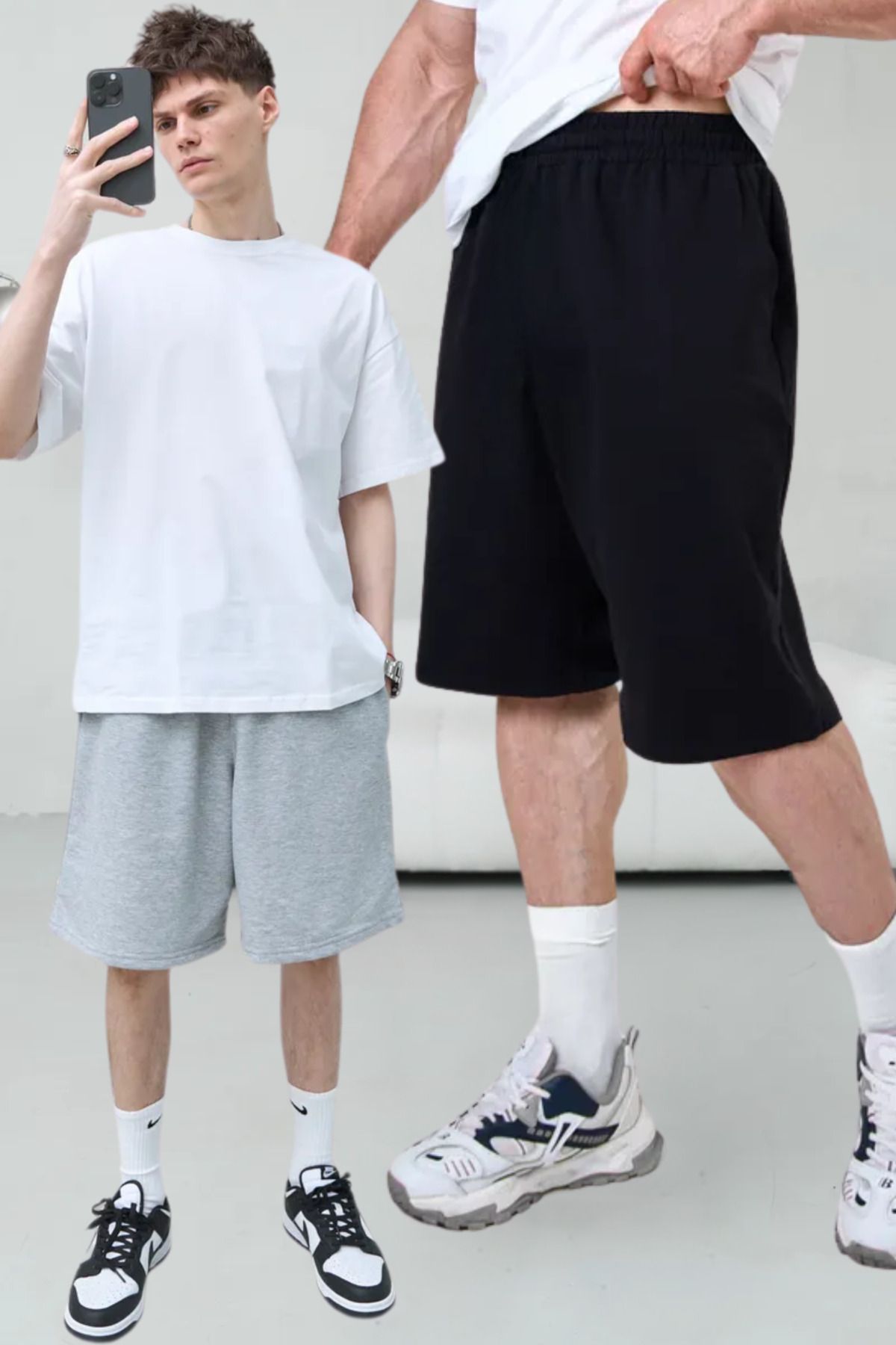 vladivosto Unisex Büyük Beden Bol Midi Oversize Siyah Gri Salaş Penye Battal Şort