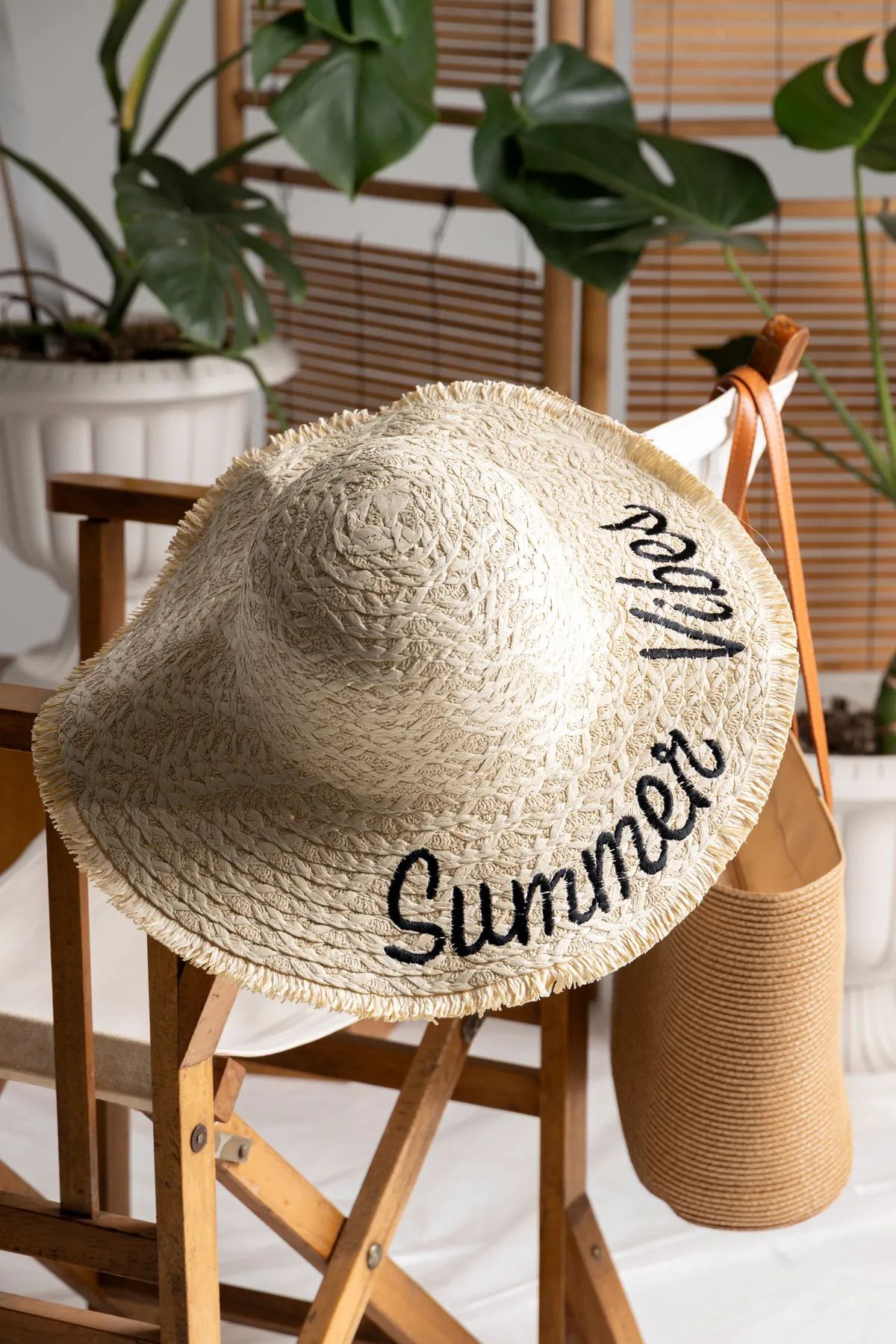 BALIENTE Bej Summer Vibes Nakışlı Geniş Hasır Kadın Şapka