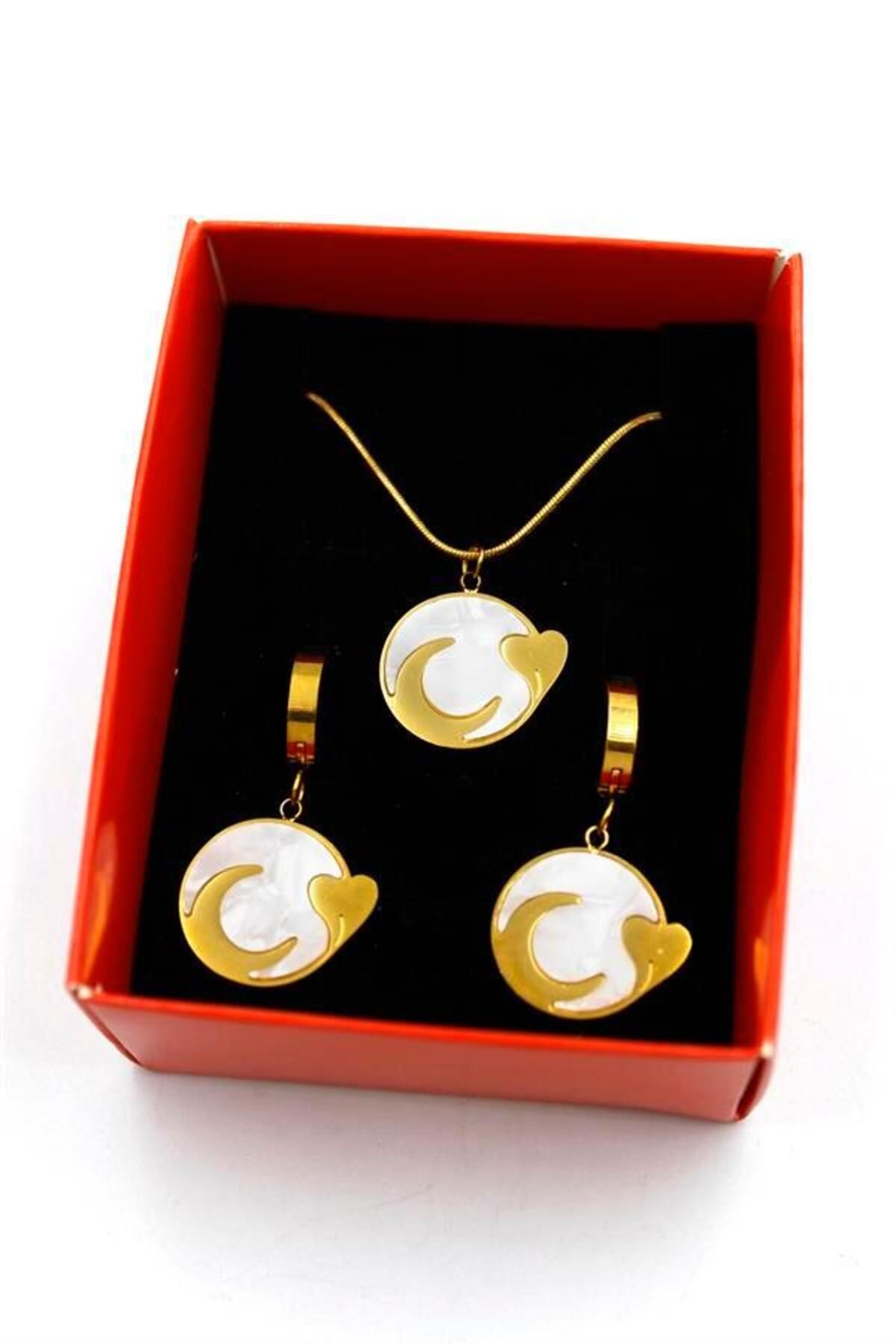MR RZN STORE Hilal Kalp Set Kolye - Altın