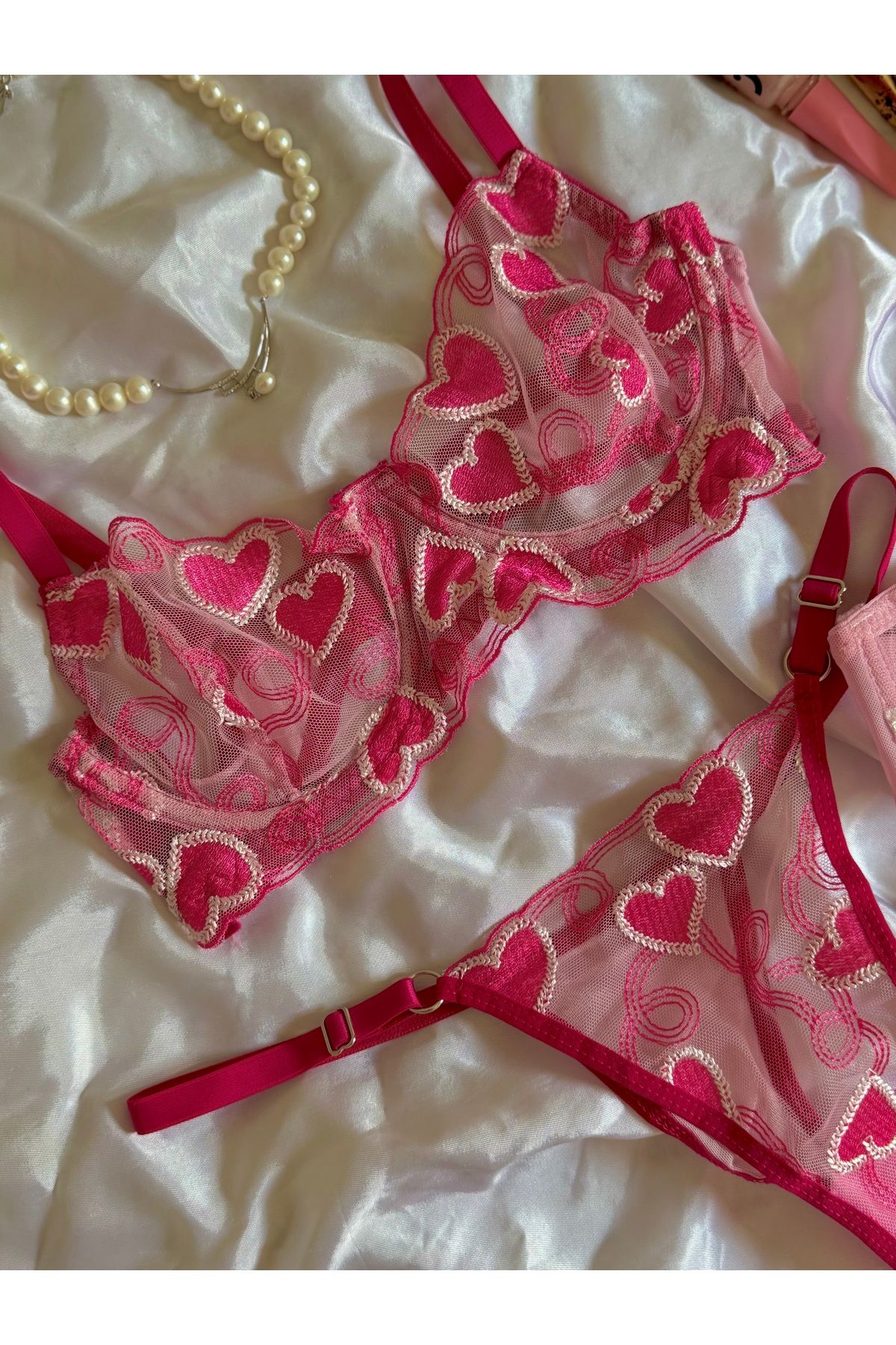 miel lingerie Kalp Desenli Pembe Bralet Takımı - Sütyen Tanga İç Çamaşır Takımı