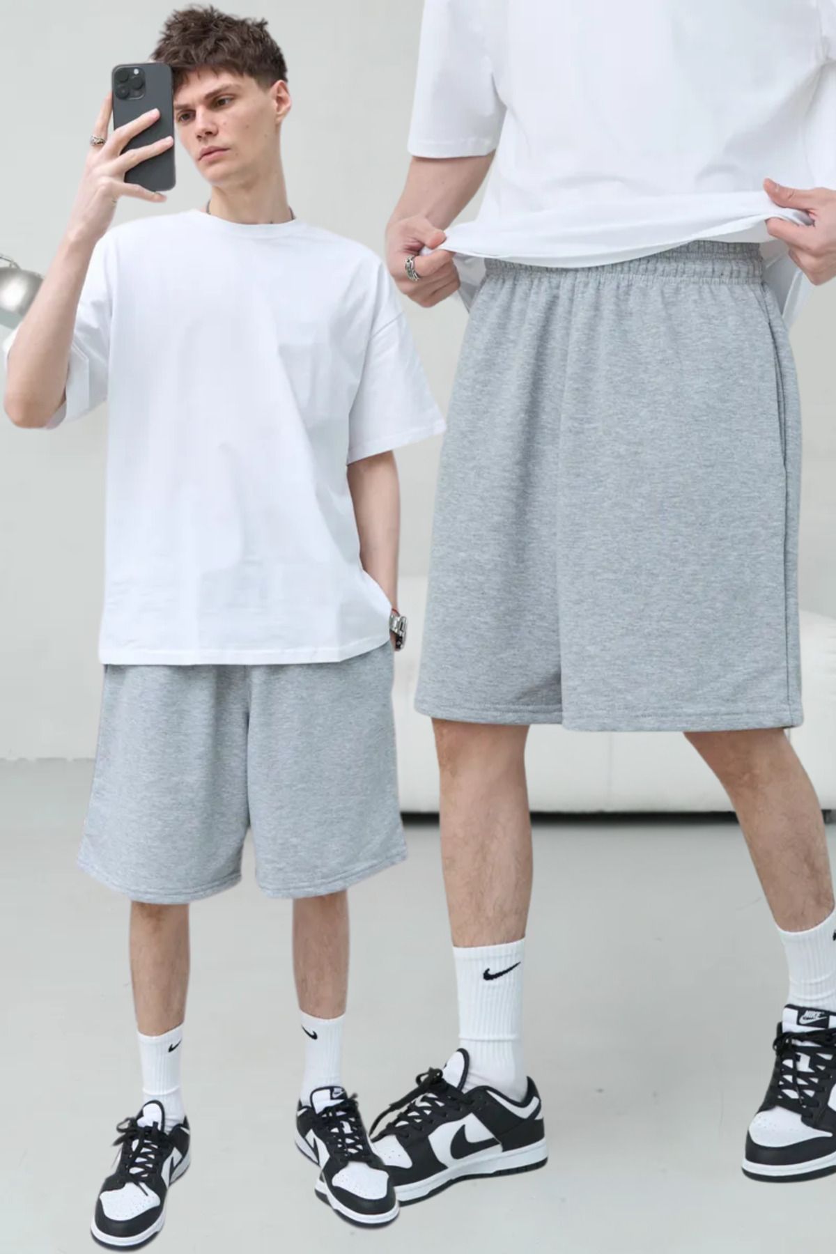 vladivosto Unisex Büyük Beden Bol Midi Oversize Siyah Gri Salaş Penye Battal Şort