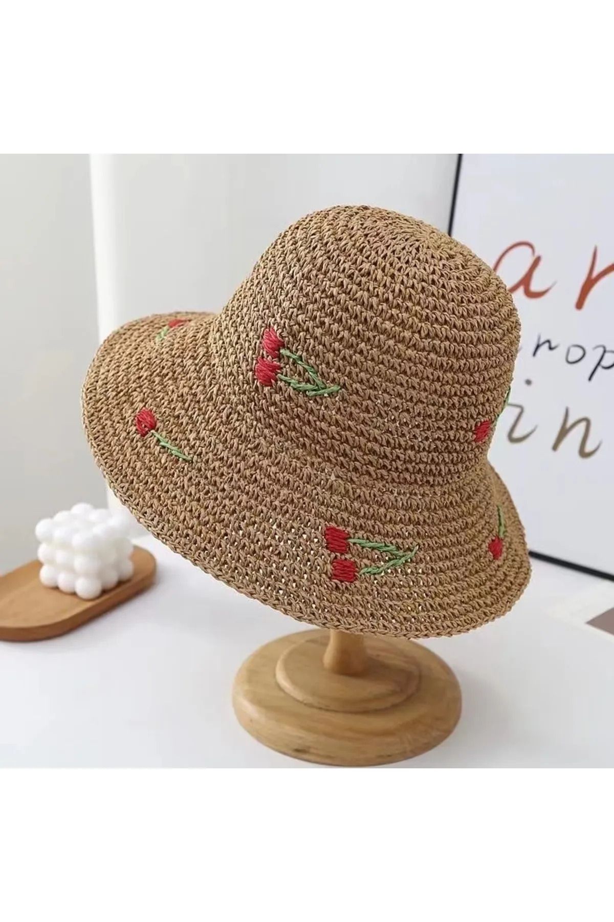 BALIENTE Camel Kiraz Nakışlı Bucket Kadın Hasır Şapka