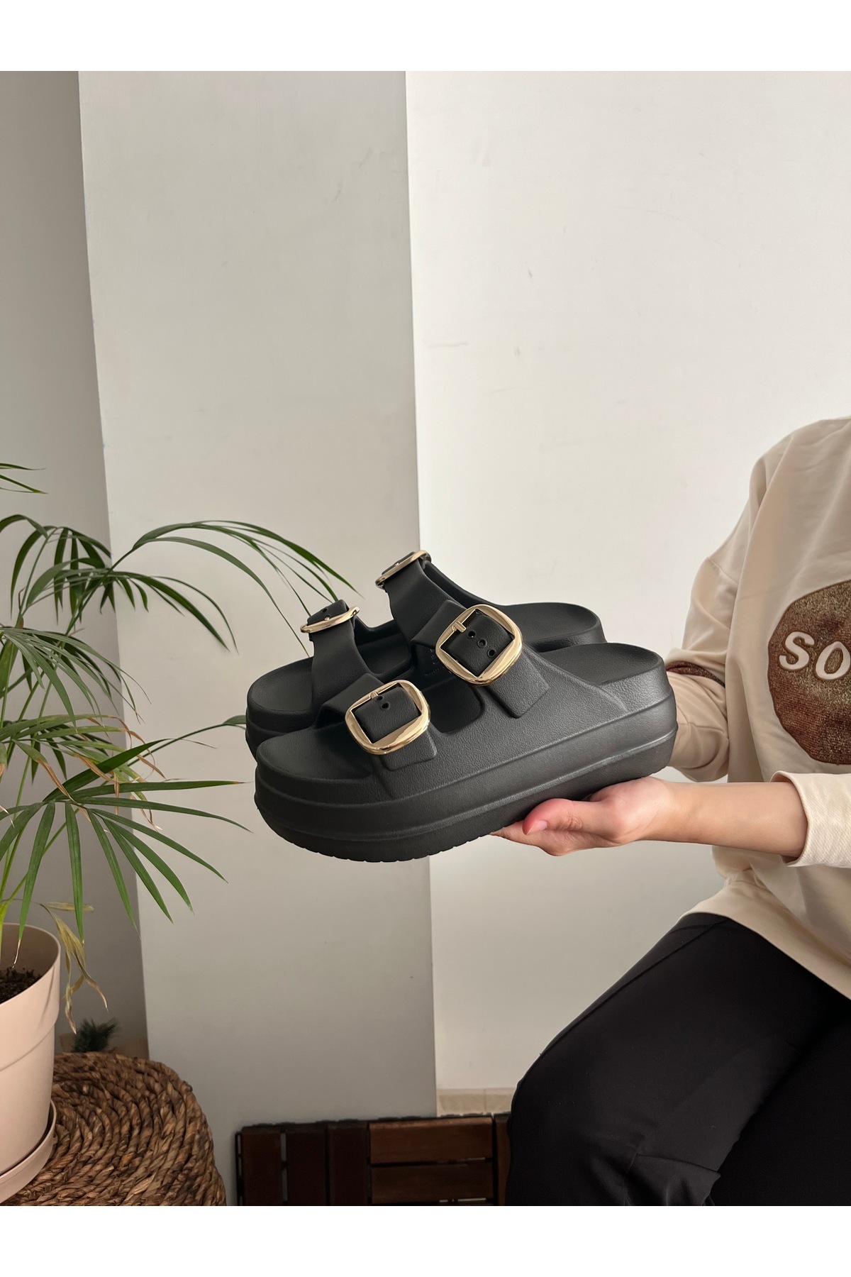 Behtah Kundura-High Double Buckle Thick Soled Slide Slippers Garden Beach Pool Sea Summer Daily Slippers 4