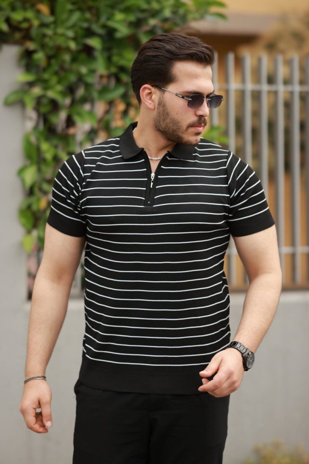 mirror the beauty güzelliği yansıtın Erkek Fermuar Yakalı çizgili Kısa Kollu T-shirt