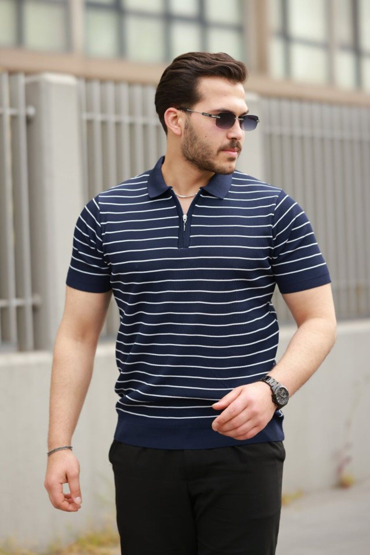 fh fashionhere Erkek Fermuar Yakalı çizgili Kısa Kollu T-shirt
