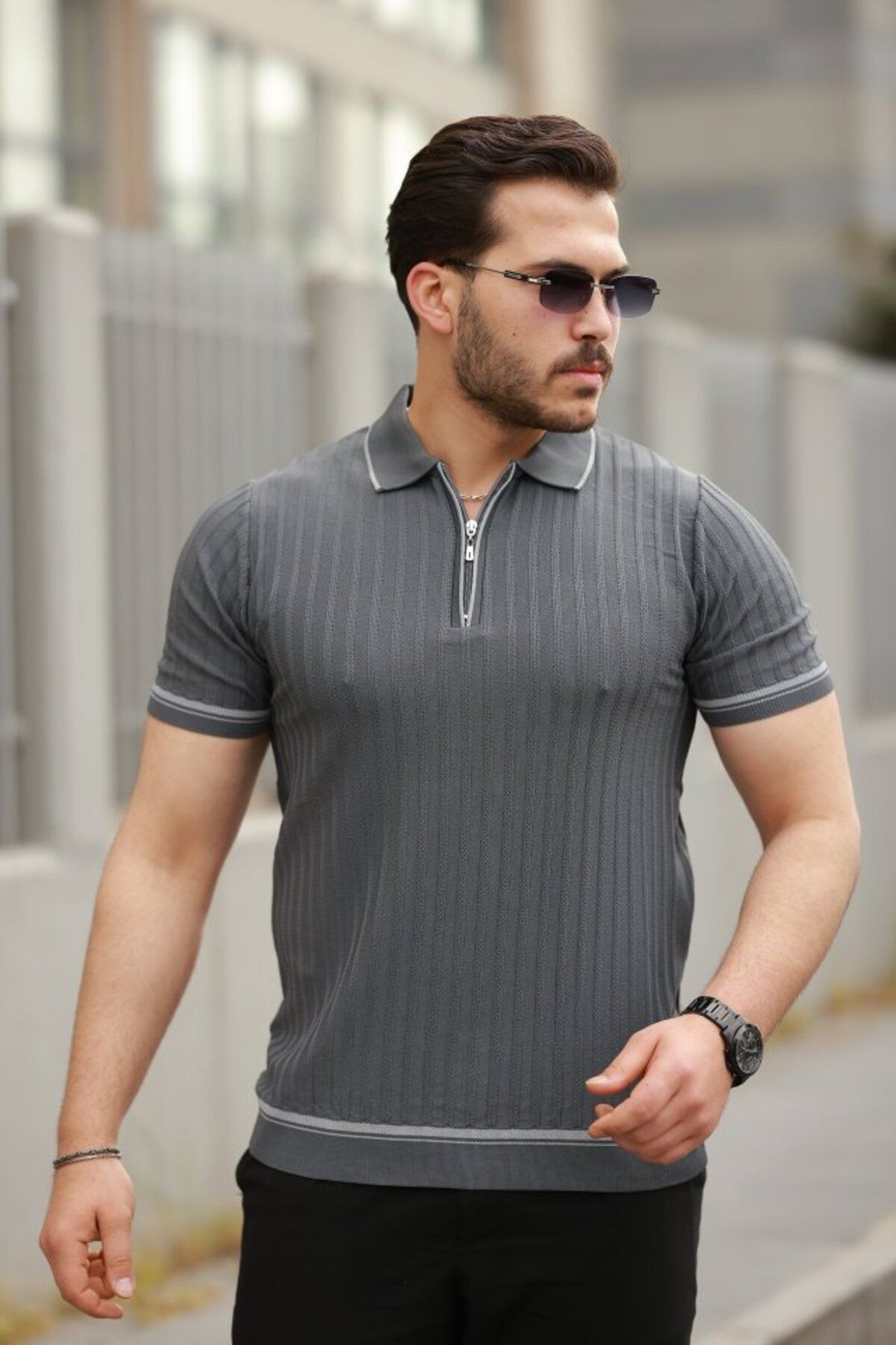 fh fashionhere Erkek Fermuarlı Yakalı Kısa Kollu T-shirt