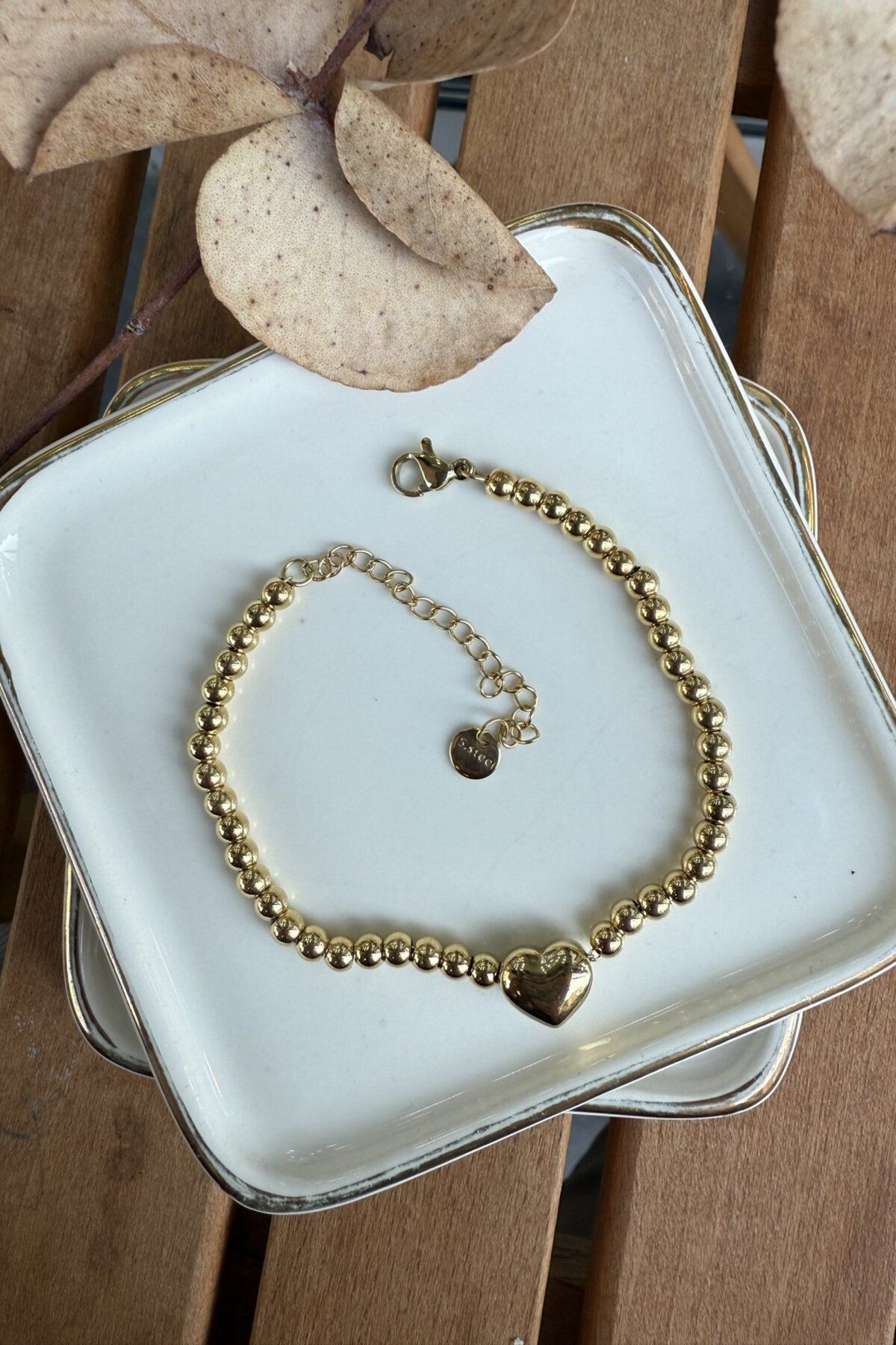 My Joyas Design Çelik Topçuklar Ortasında Bombeli Kalp Bileklik 17+5cm