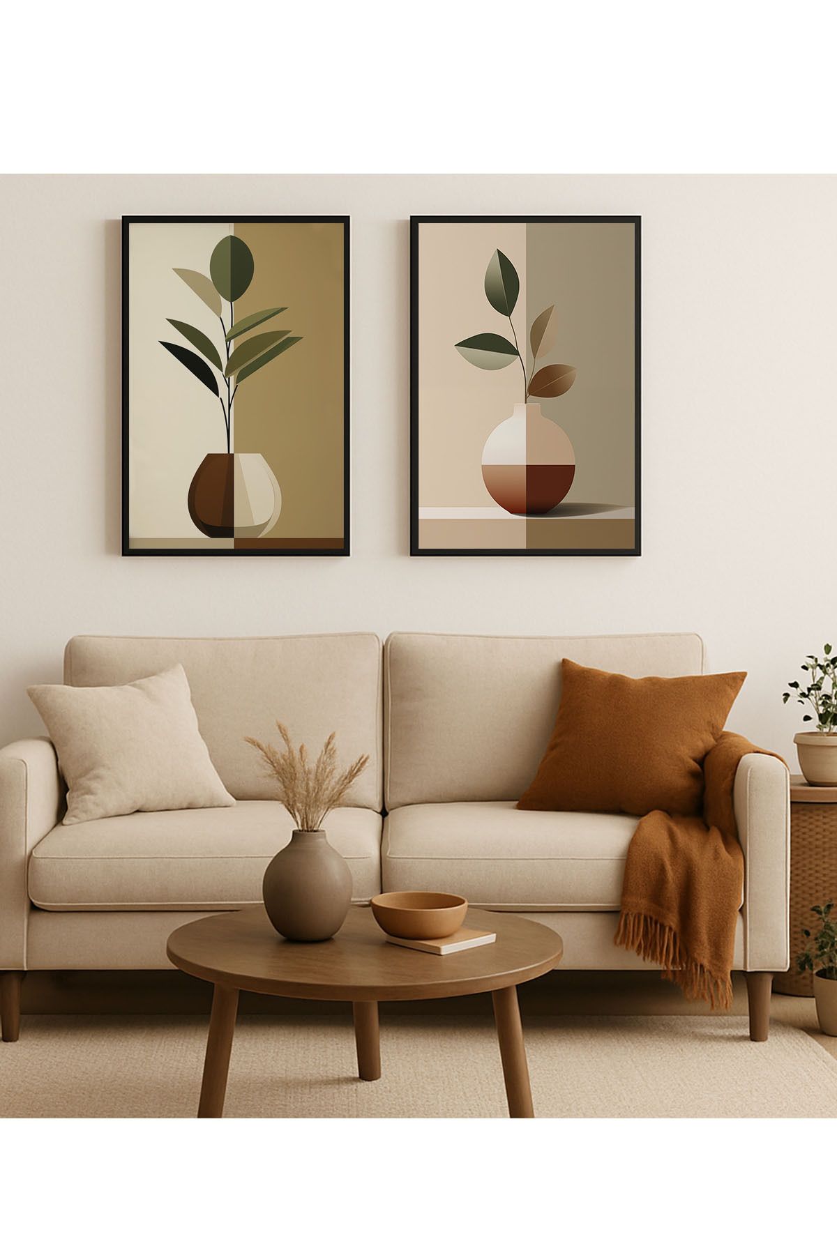 Artte Ahşap Çerçeveli 2li Minimalist Bitki Desenli Tablo - Modern Duvar Dekoru
