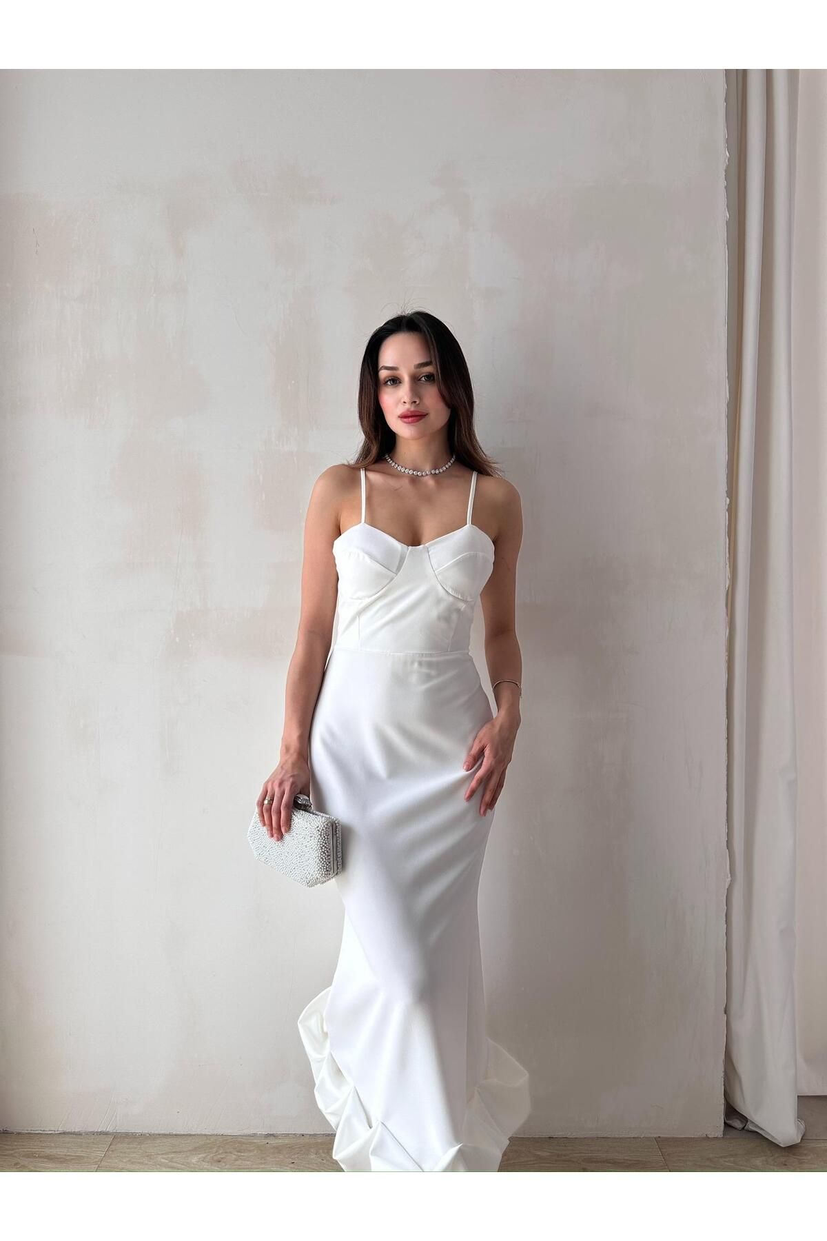 Mooi Butik Midi JUPE Elbise 3179 - Beyaz