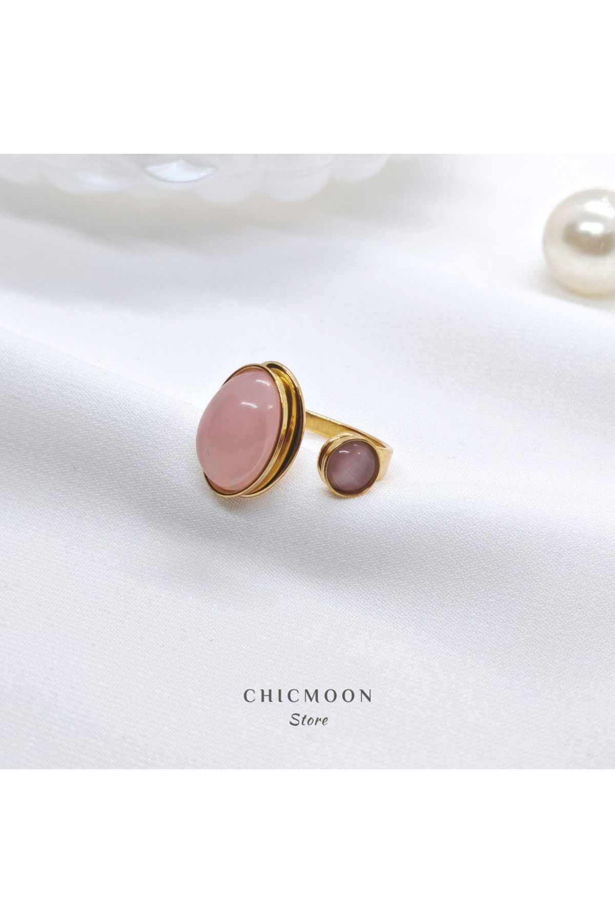 CHICMOON STORE Çelik Altın Rengi Pembe Taşlı Ayarlanabilir Yüzük