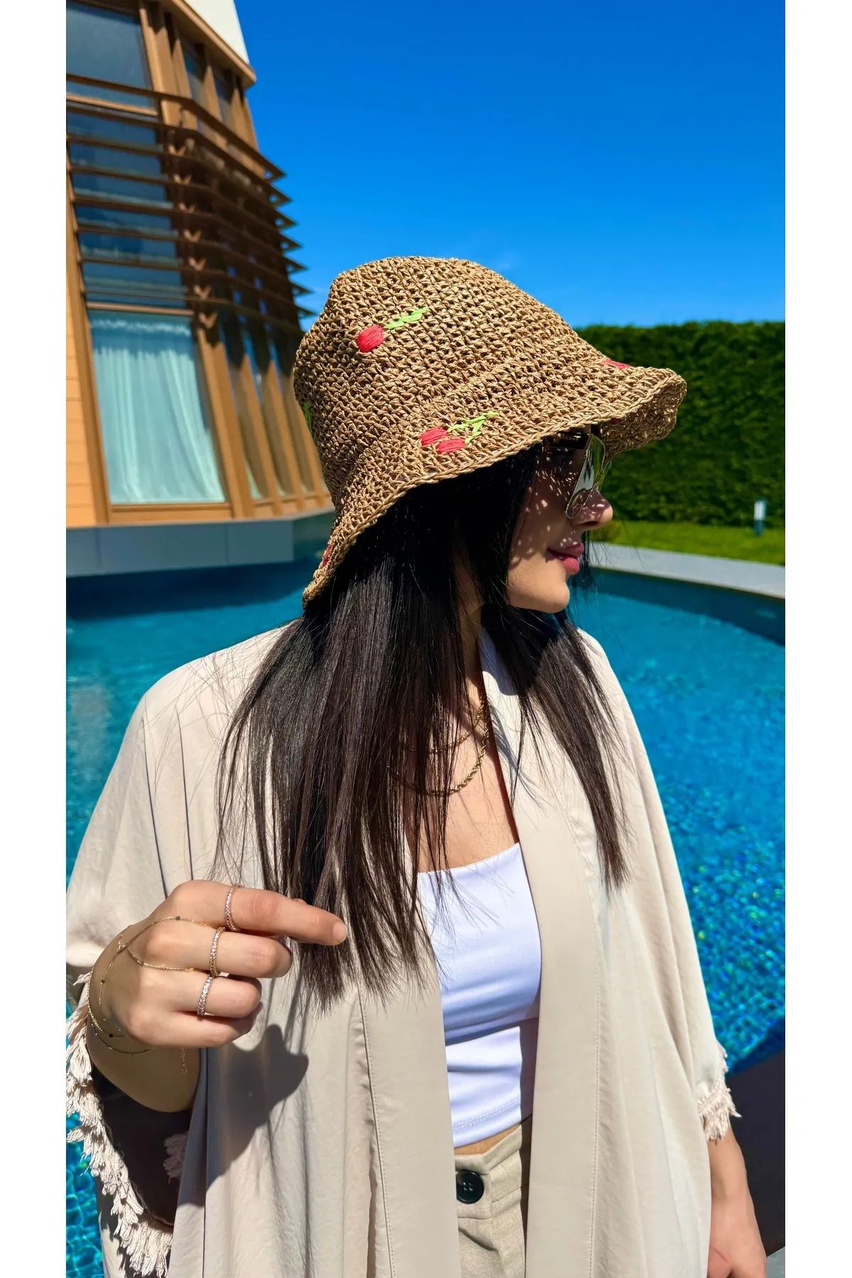 MARBERRY Camel Kiraz Nakışlı Bucket Kadın Hasır Şapka