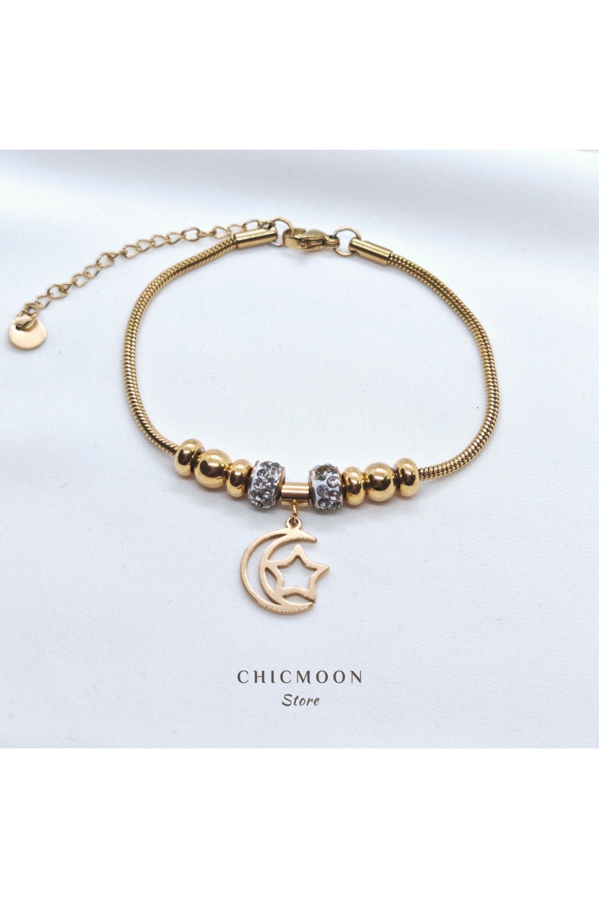 CHICMOON STORE Çelik Altın Rengi Ay Yıldız Taşlı Bileklik