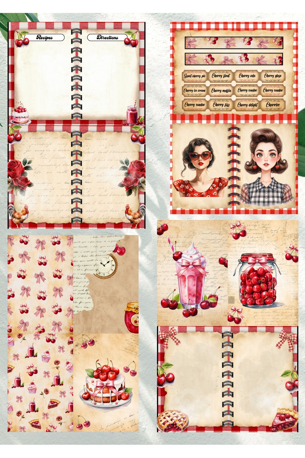 aysaplanner Kirazlı Junk Journal Kit,Scrapbook Paper Set Yapışkanlı