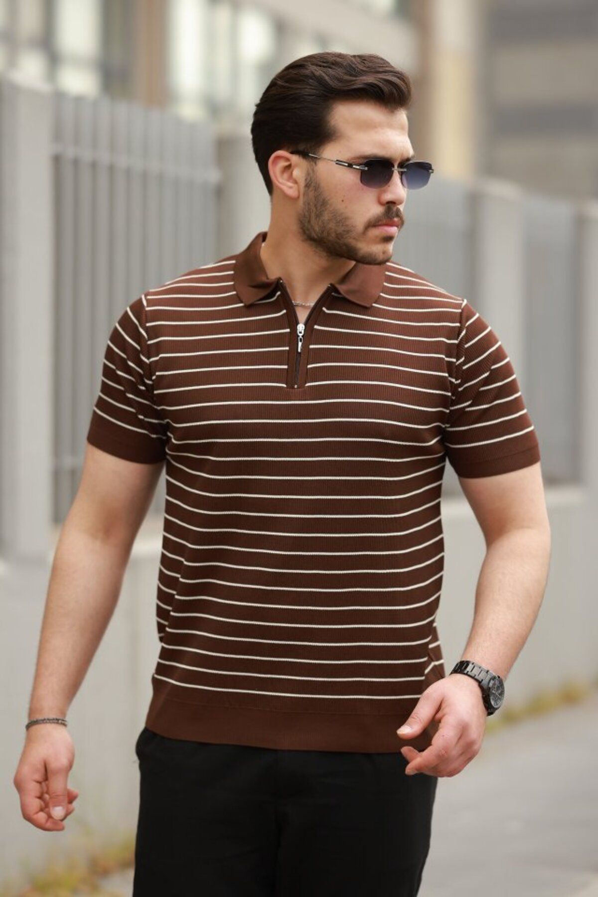 Modayakamoz Erkek Fermuar Yakalı çizgili Kısa Kollu T-shirt