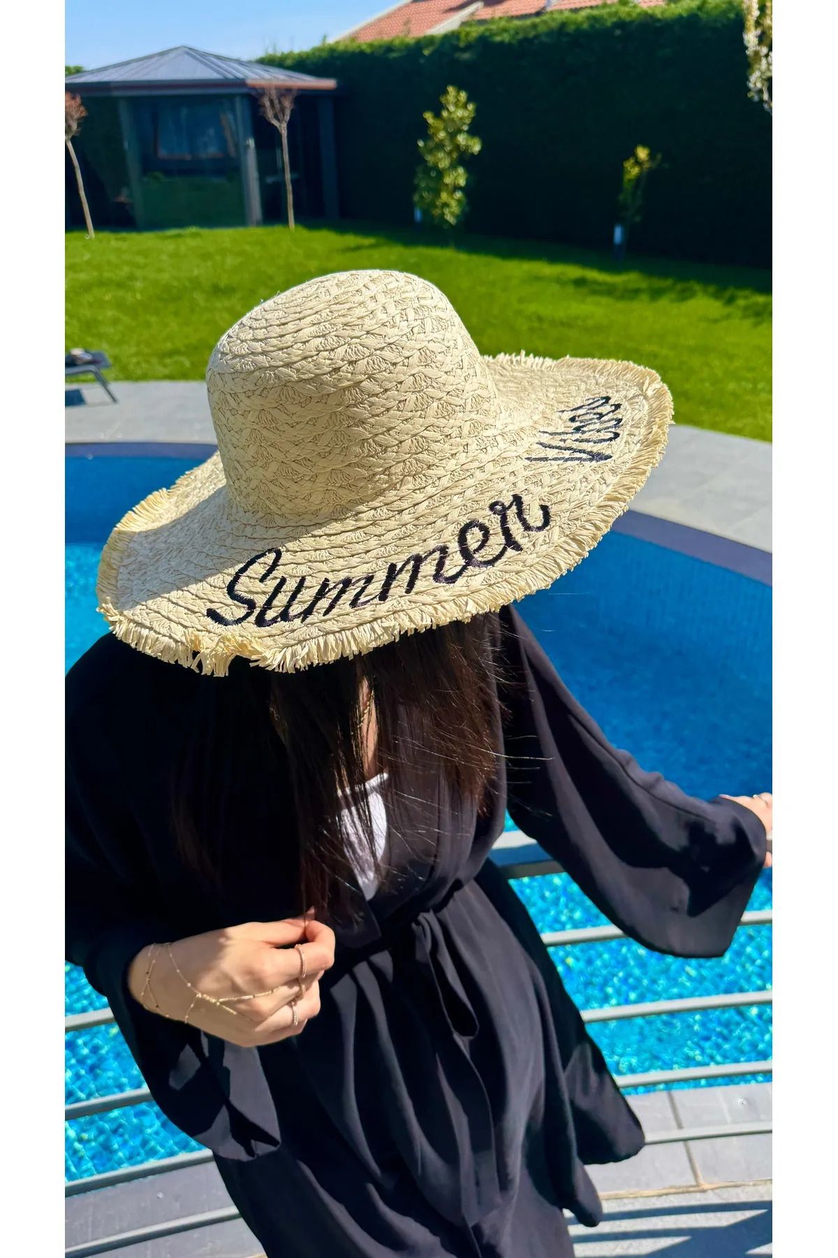MARBERRY Bej Summer Vibes Nakışlı Geniş Hasır Kadın Şapka