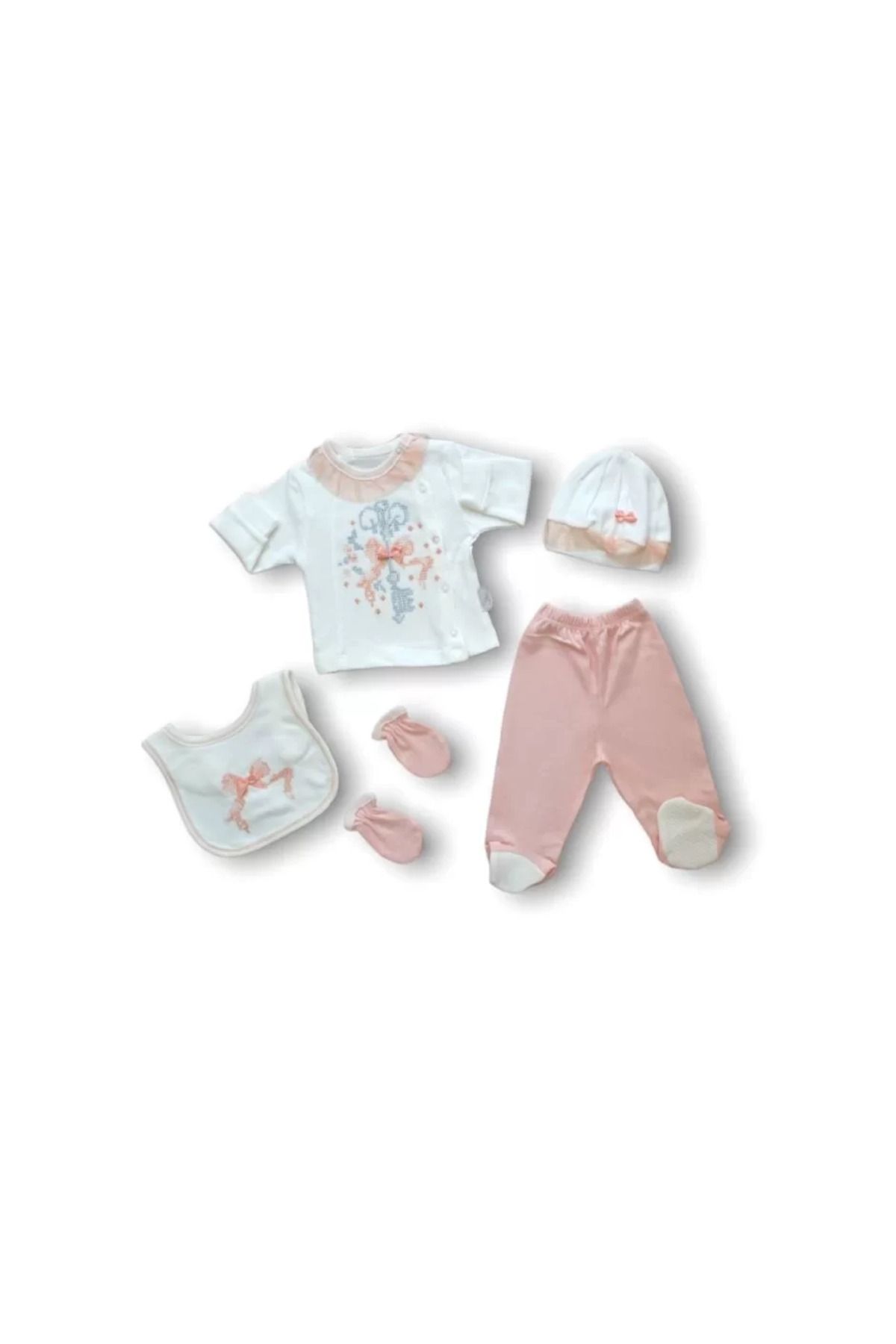 onlinebutik Kanaviçe Nakışlı %100 Cotton Antibakteriyel 5li Zıbın Takımı Hastane Çıkışı Pudra