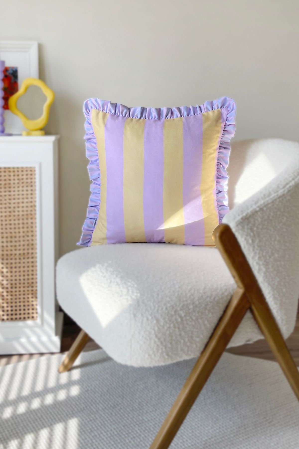 RİTMOHOME Çizgili Fırfırlı Vintage, Country, Iskandinav, Bohem 50x50 Dekoratif Yastık(İÇİ DOLGULU)