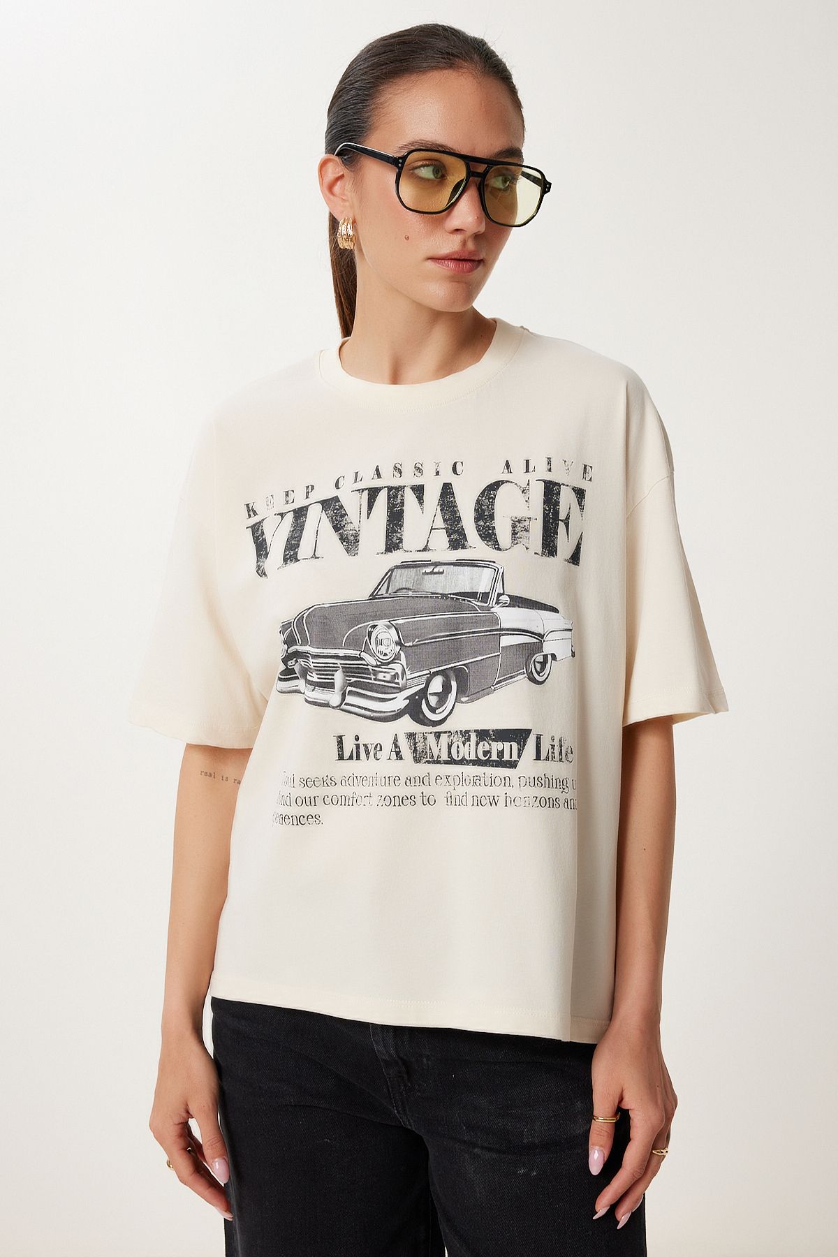 Lovelyİstanbul Vintage Baskılı Pamuklu Örme T-shirt KREM LUS0141