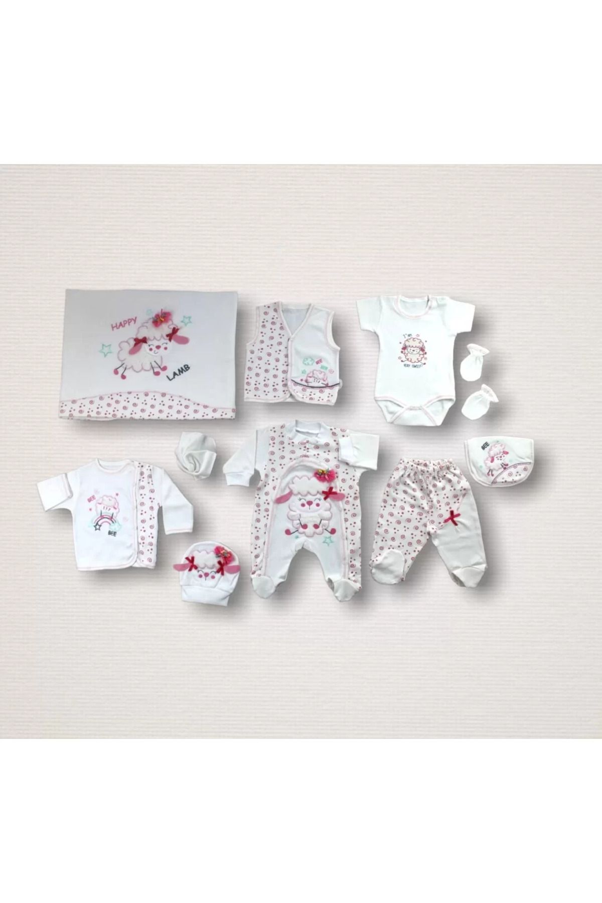onlinebutik Kıvırcık Kuzu Nakışlı %100 Cotton Antibakteriyel 10lu Zıbın Takımı Hastane Çıkışı Ekru