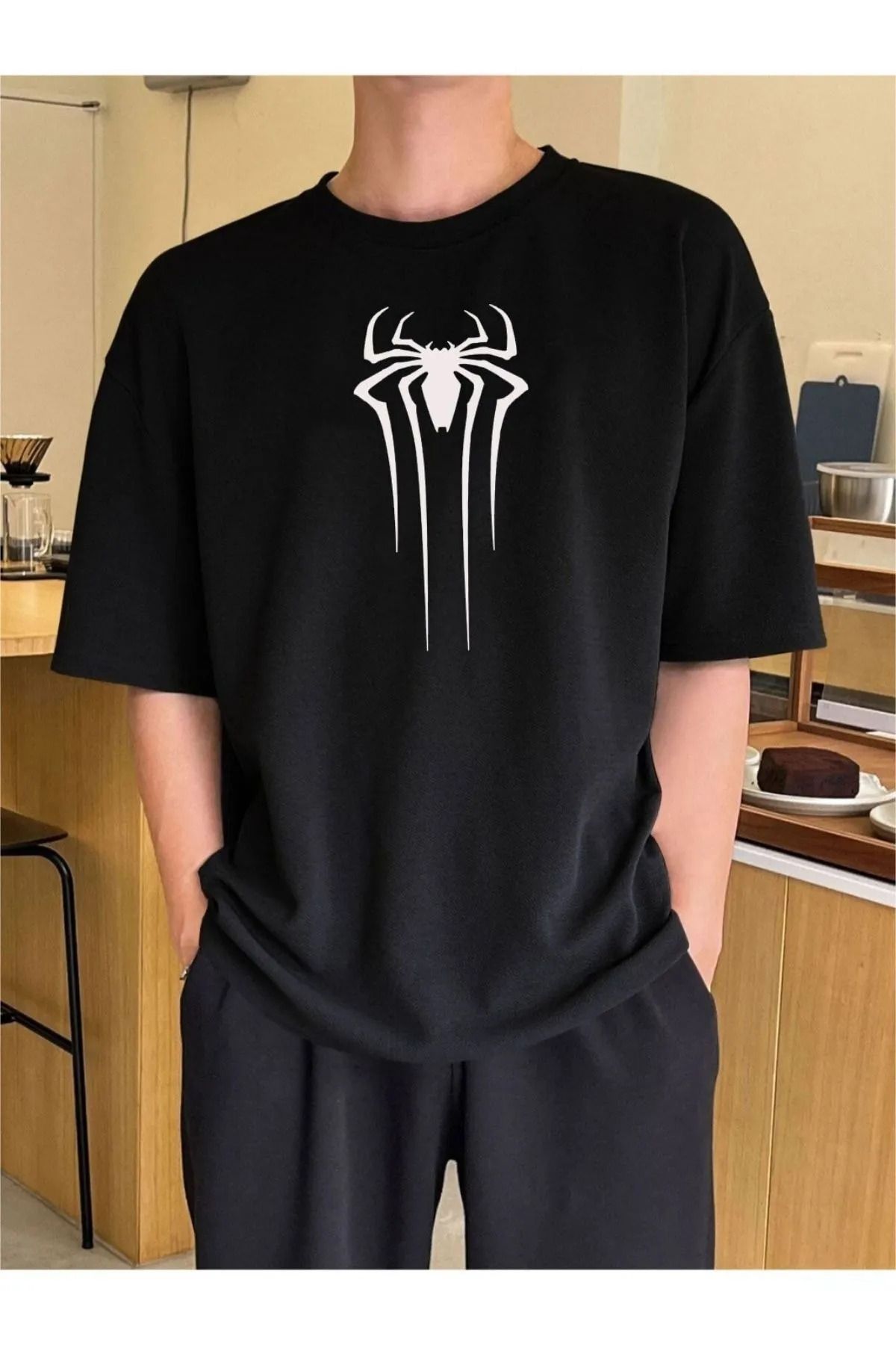 İnazuma Outdoors İnazuma Unisex Oversize Baskılı Pamuklu Bisiklet Yaka Kısa Kollu SİYAH T-shirt