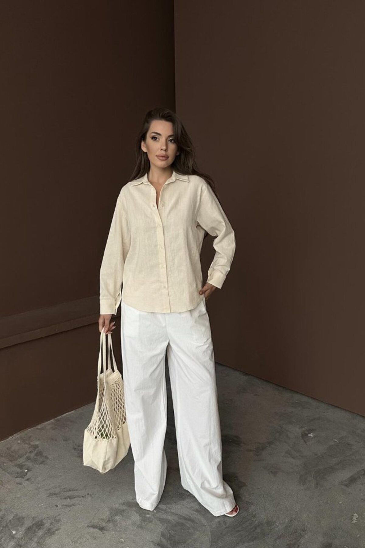 fh fashionhere Bej Jakarlı Keten Gömlek