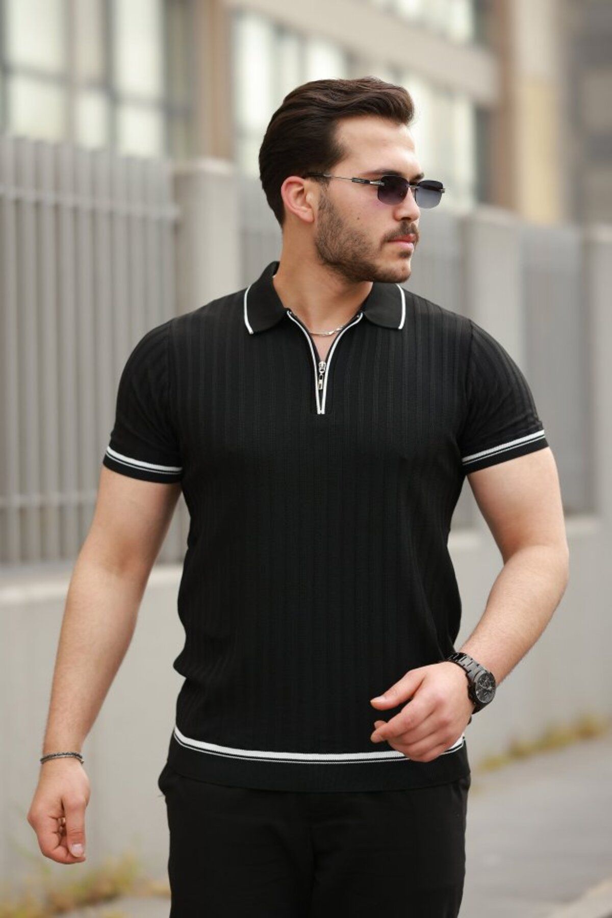 fh fashionhere Erkek Fermuarlı Yakalı Kısa Kollu T-shirt