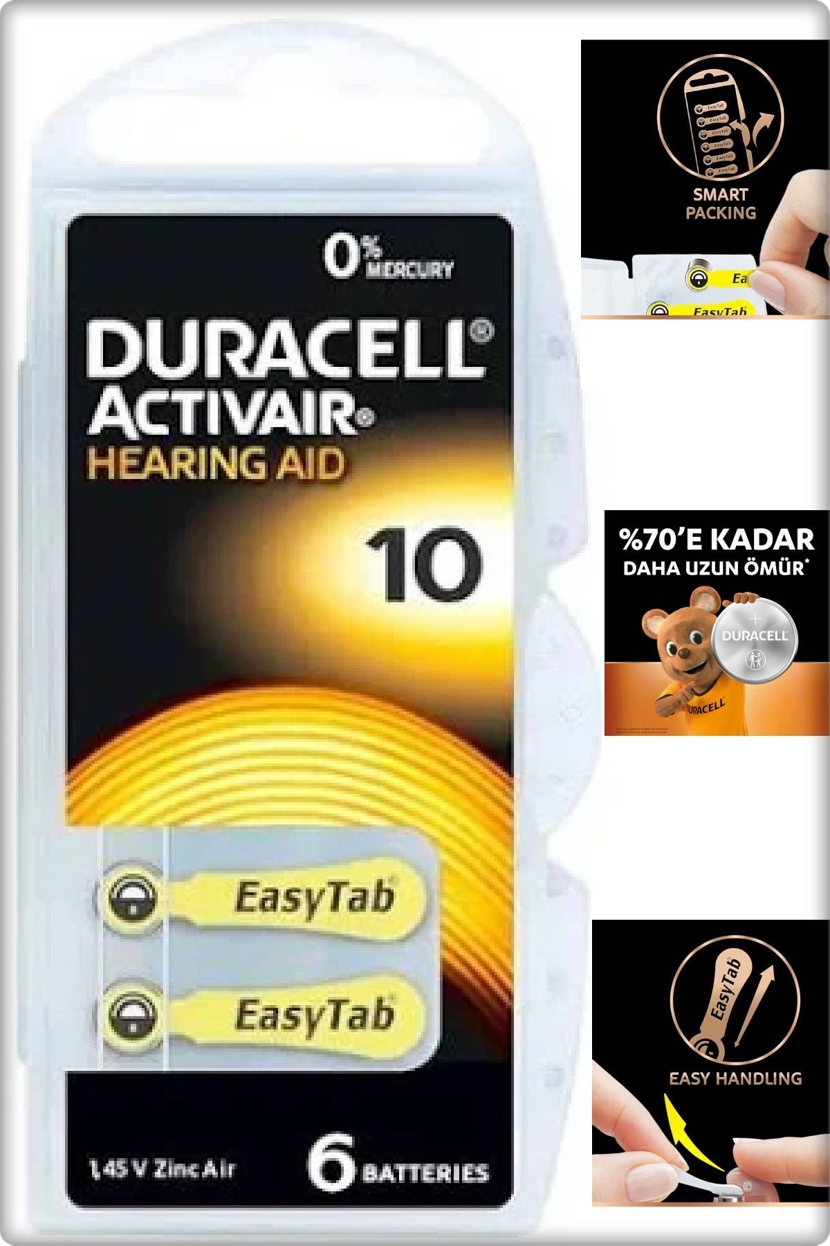 Duracel No.10 Kulaklık Pili & İşitme Cihazı Pili ( 6'Lı : 1 Paket )