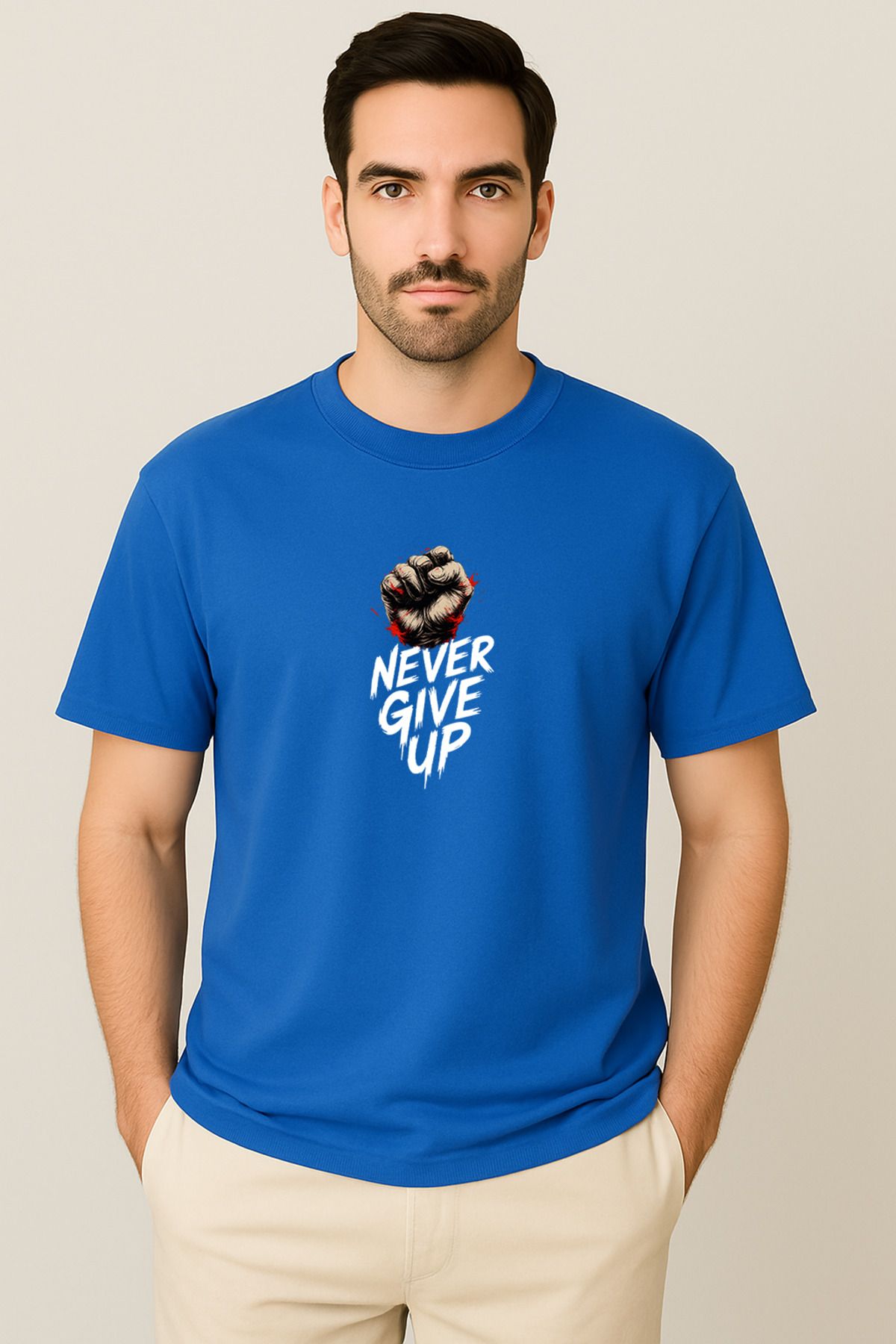 PARSHEY Erkek - Kadın Never Give Up Baskılı Unisex Yarım Kollu Bisiklet Yaka %100 Pamuk Oversize T-shirt