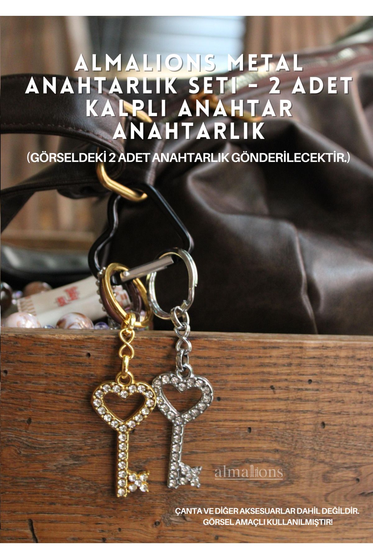 almalions Metal Kalpli Anahtar Anahtarlıklar Altın ve Gümüş Çanta Süsü Anahtarlık 2 Adet