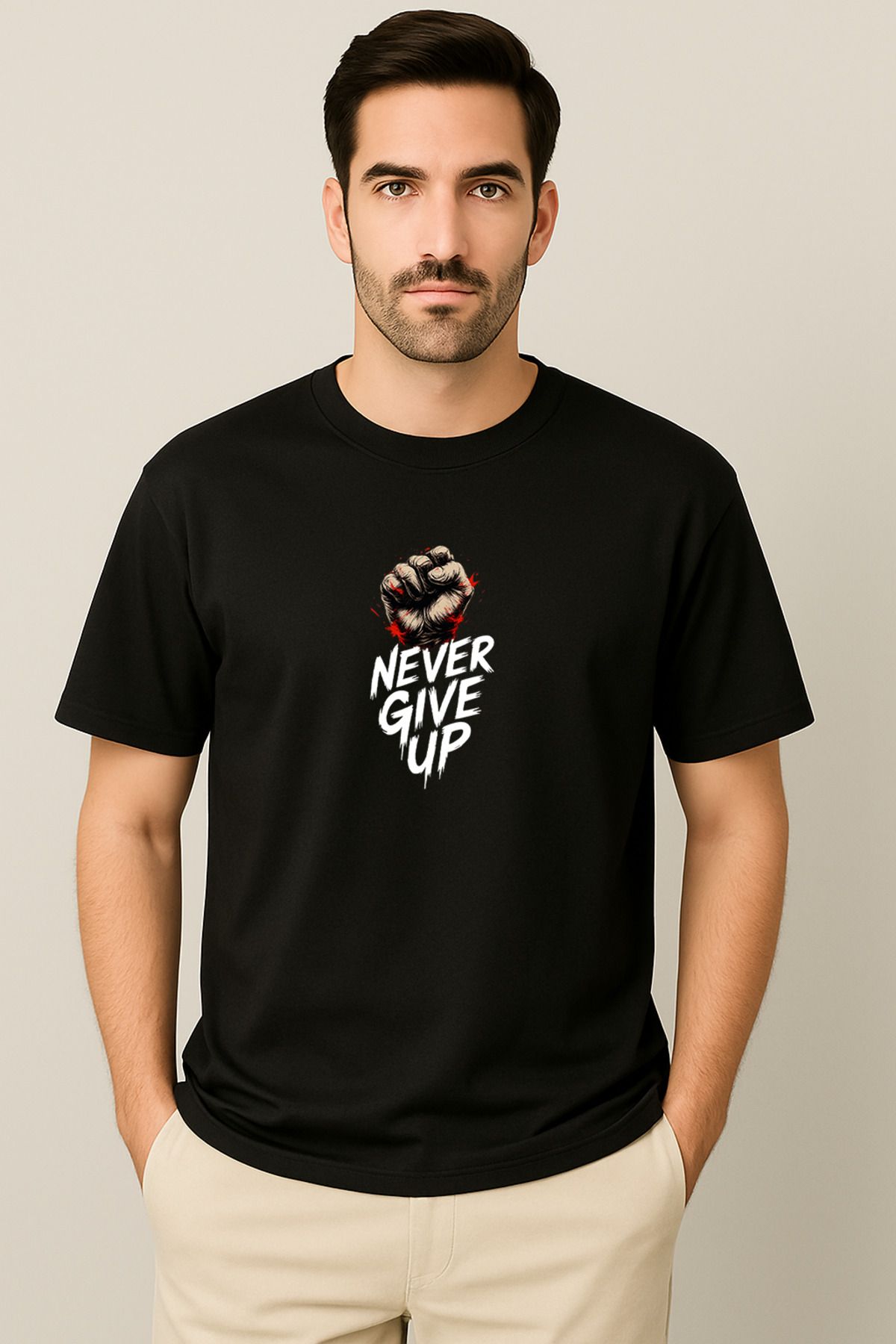 PARSHEY Erkek - Kadın Never Give Up Baskılı Unisex Yarım Kollu Bisiklet Yaka %100 Pamuk Oversize T-shirt