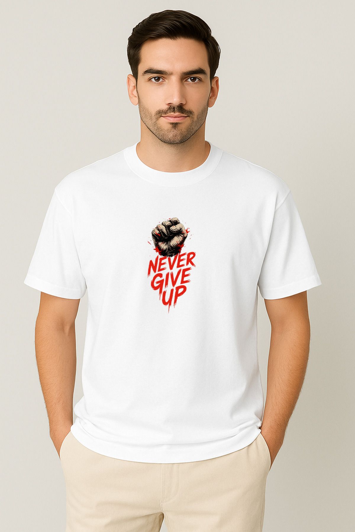 PARSHEY Erkek - Kadın Never Give Up Baskılı Unisex Yarım Kollu Bisiklet Yaka %100 Pamuk Oversize T-shirt