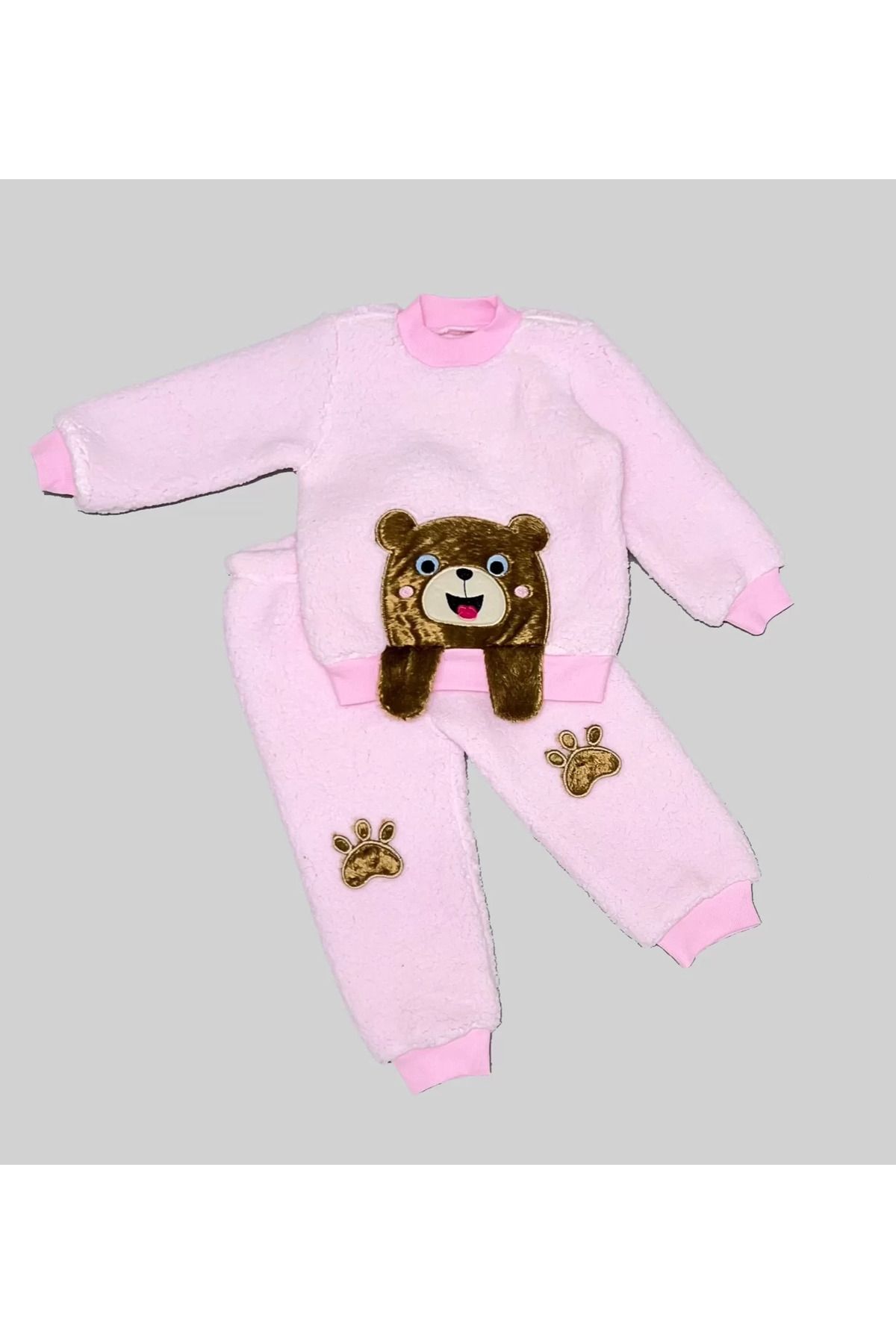 onlinebutik Sallanan El Ayıcıklı Kuzu Kumaş Sweat Patili Pantolon Uzun Kollu Kız Erkek 2 Li Takımı Pembe