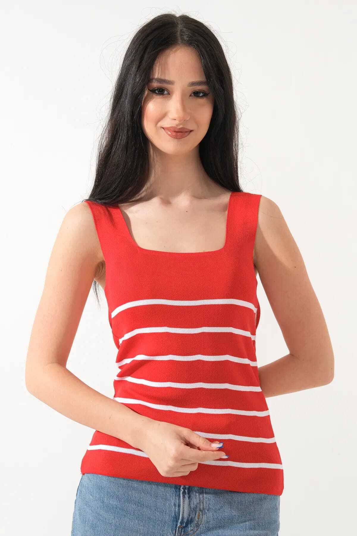 ASEZ BUTİK Asez Butik Kadın Kare Yaka Çizgili Yazlık Triko Bluz Atlet